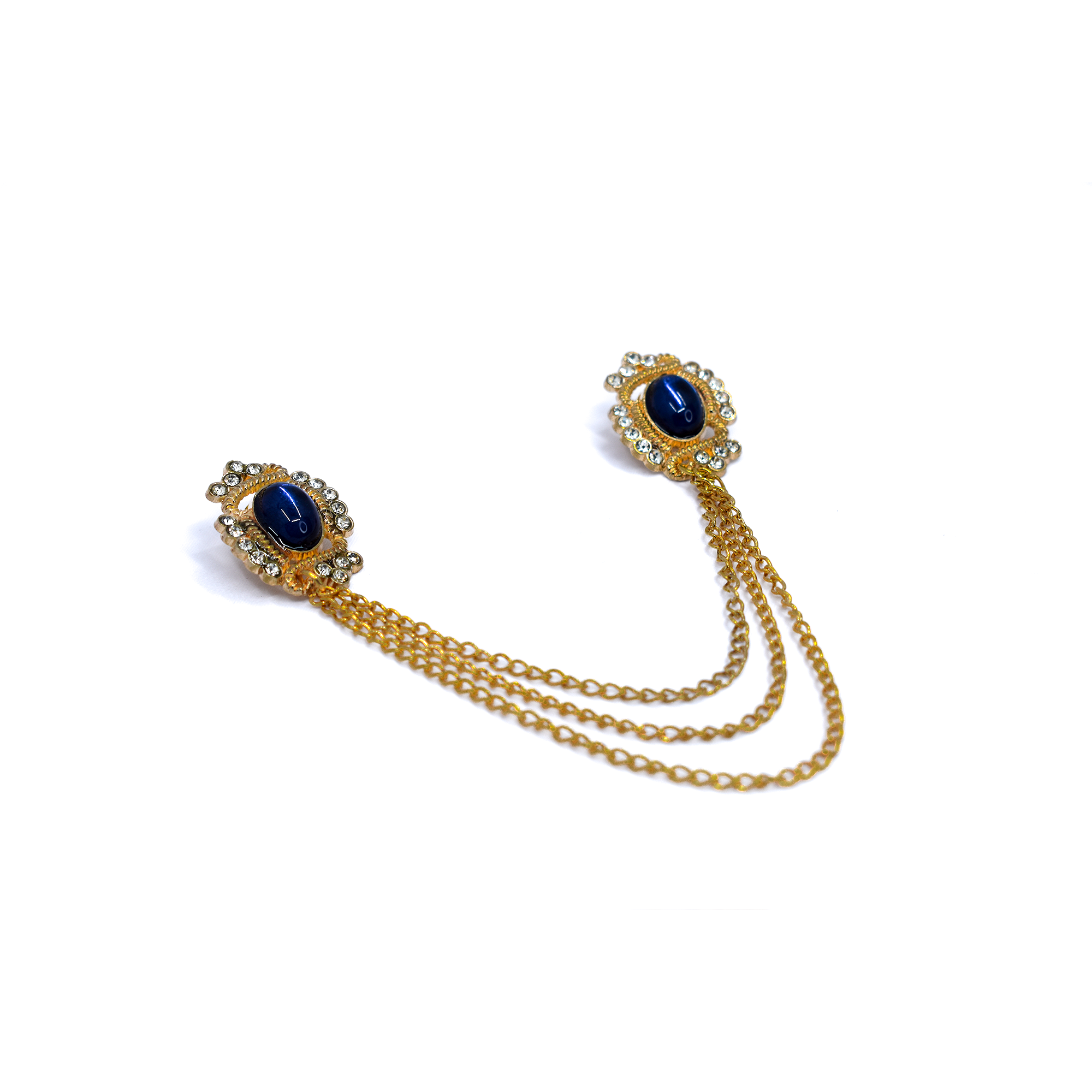 Golden Brass Brooch with Blue Glass Stones