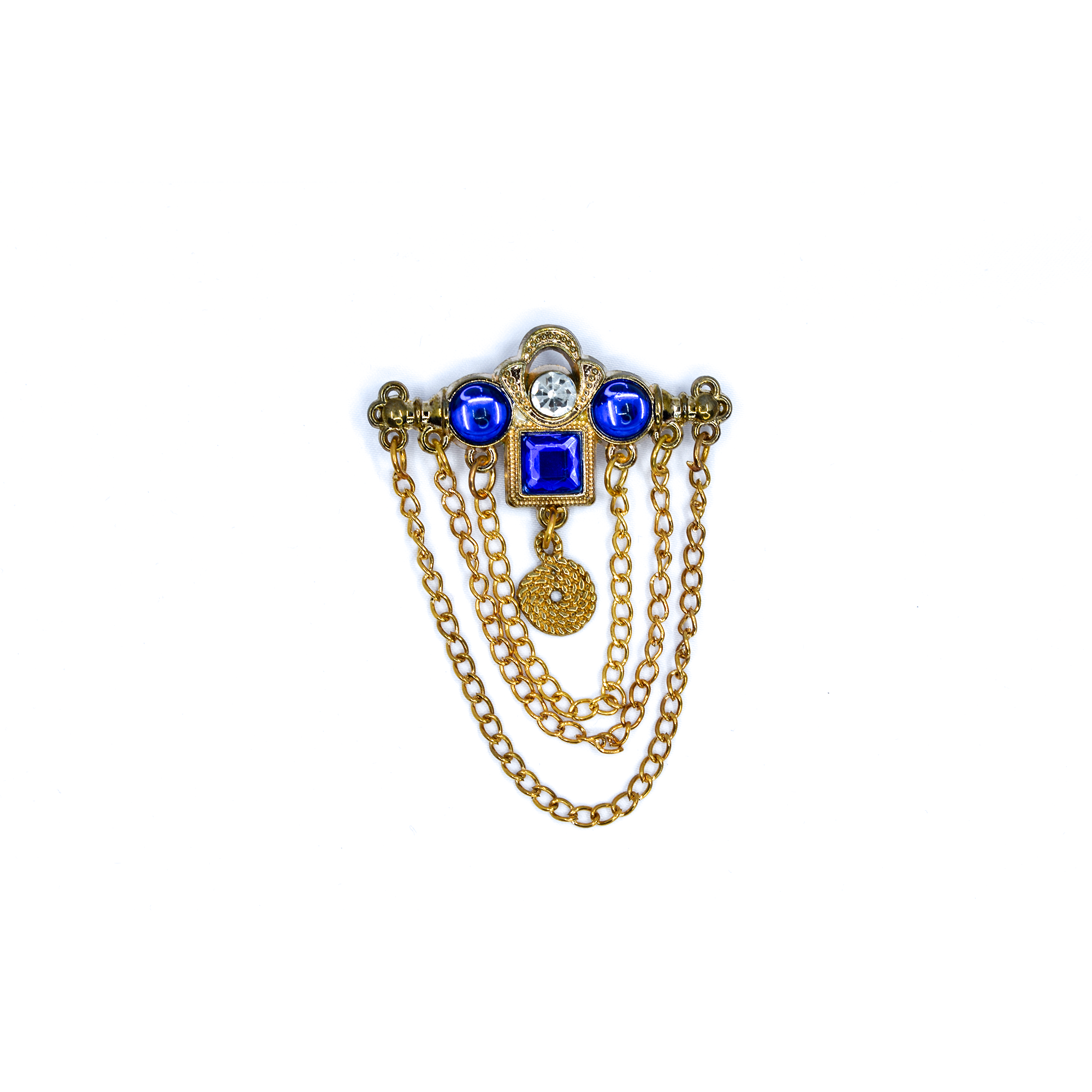 Golden Brass Brooch with Blue Glass Stones