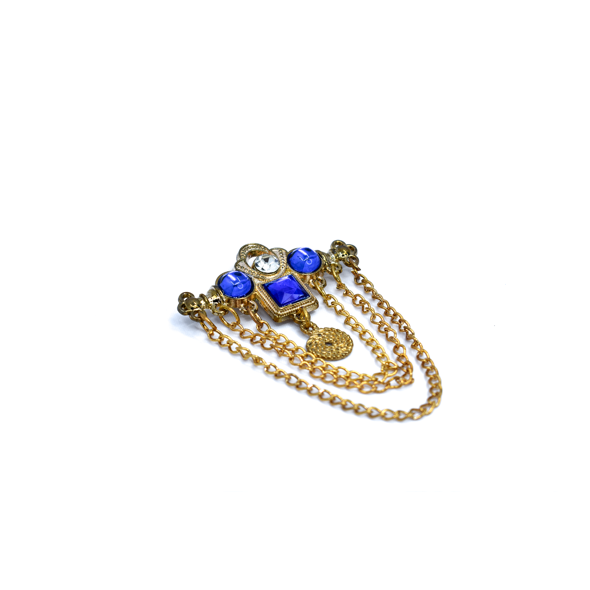 Golden Brass Brooch with Blue Glass Stones