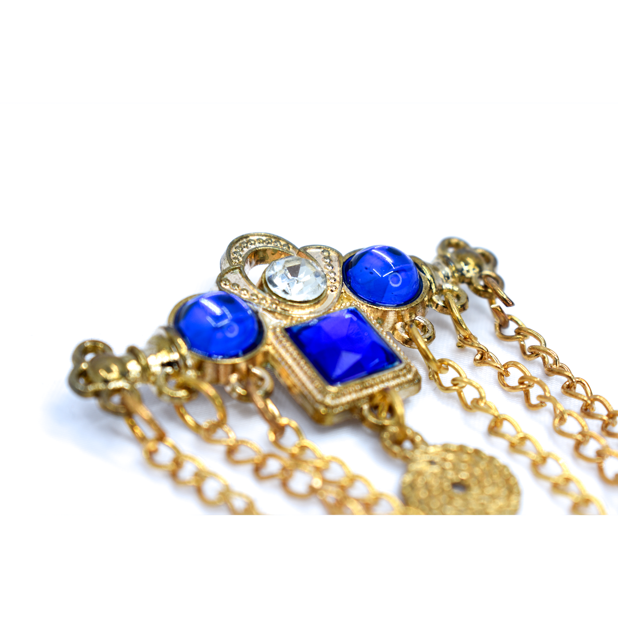 Golden Brass Brooch with Blue Glass Stones