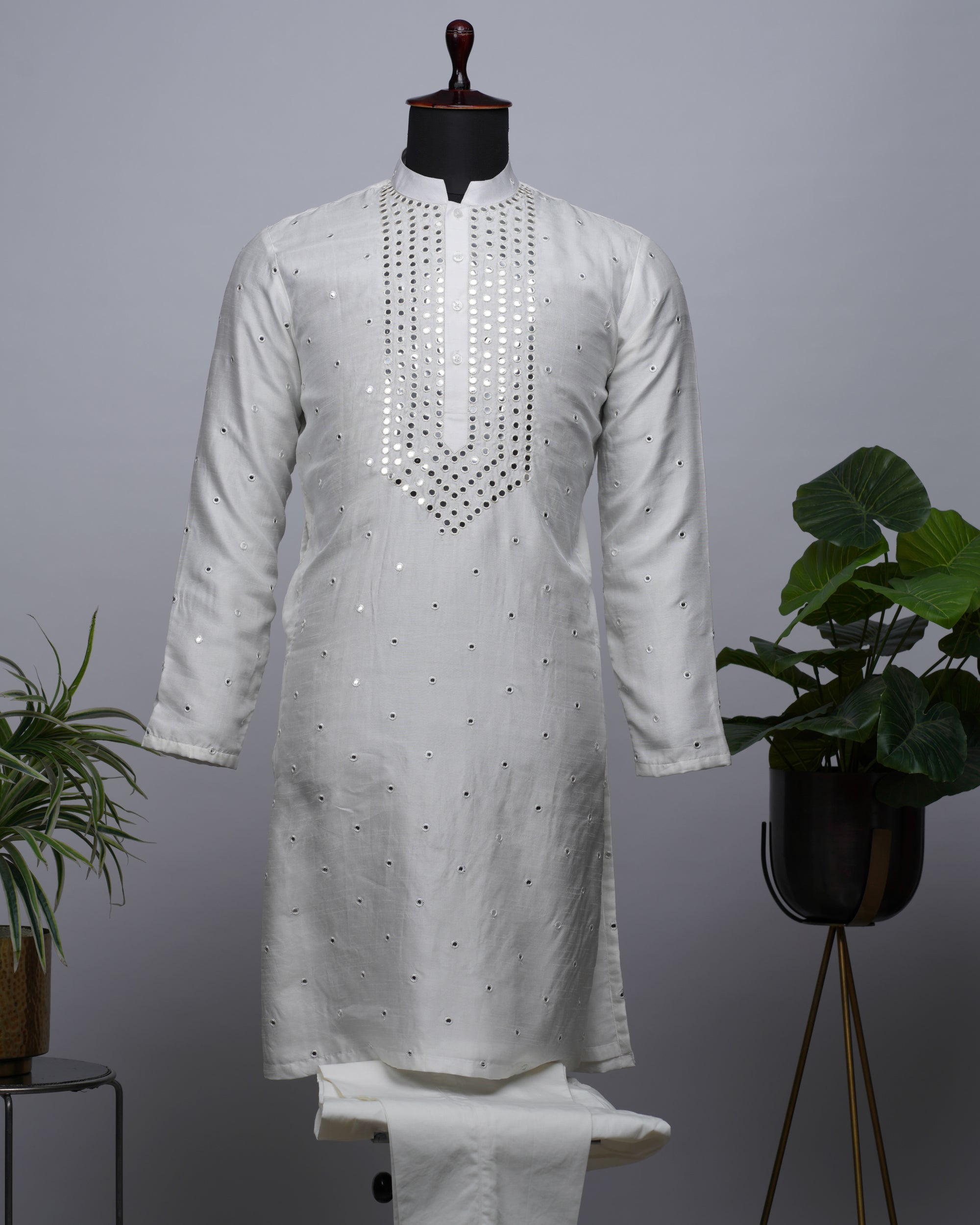 White Mirror Work Silk Kurta Set