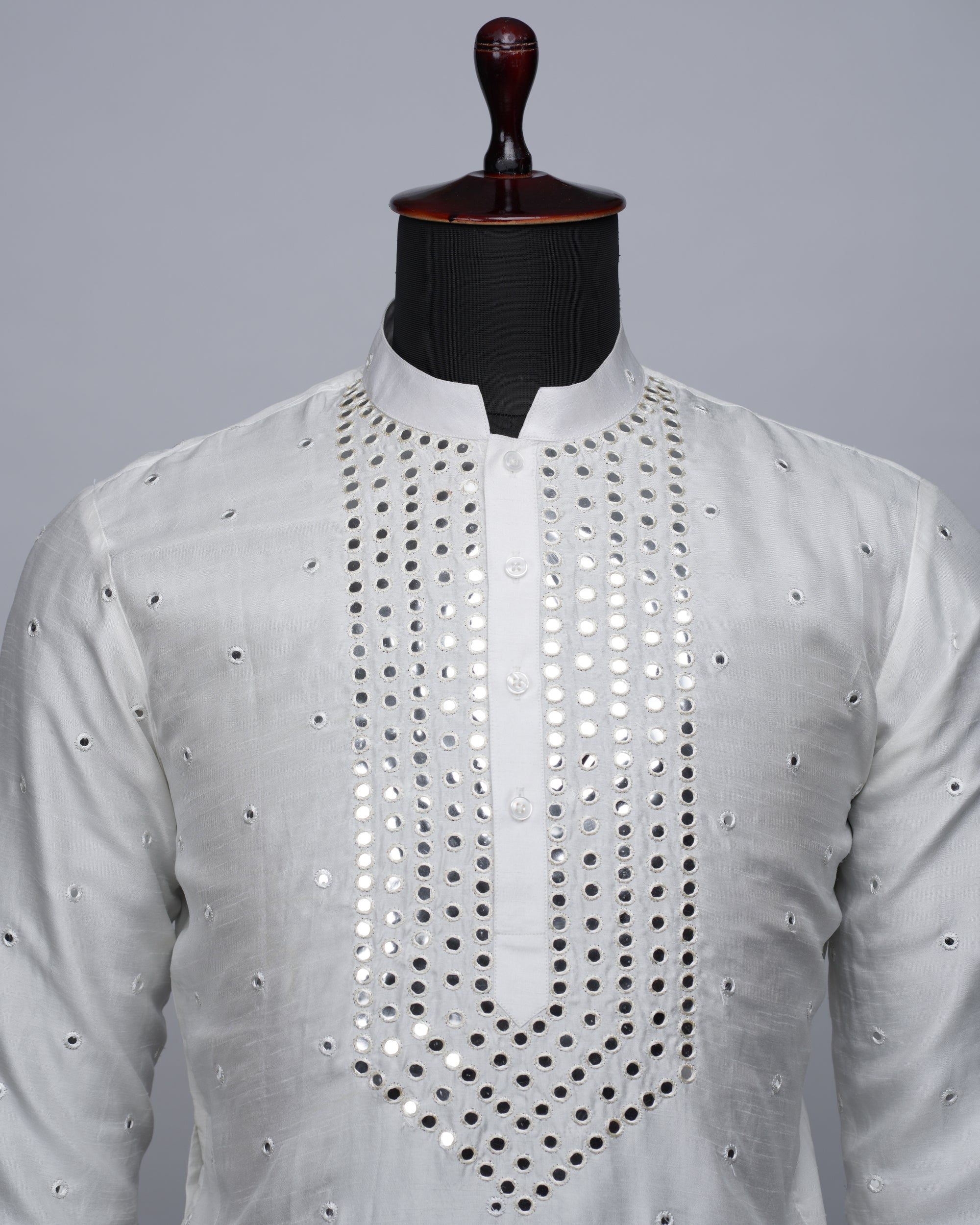 White Mirror Work Silk Kurta Set