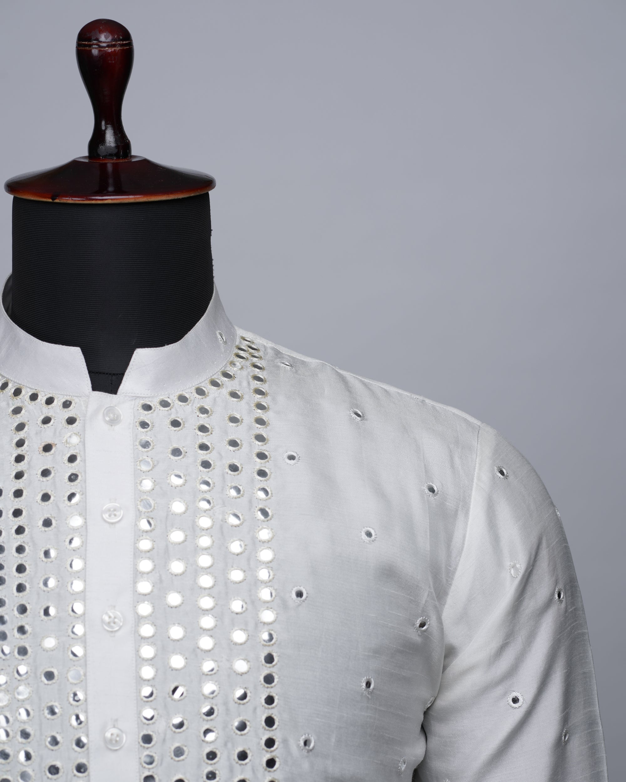 White Mirror Work Silk Kurta Set