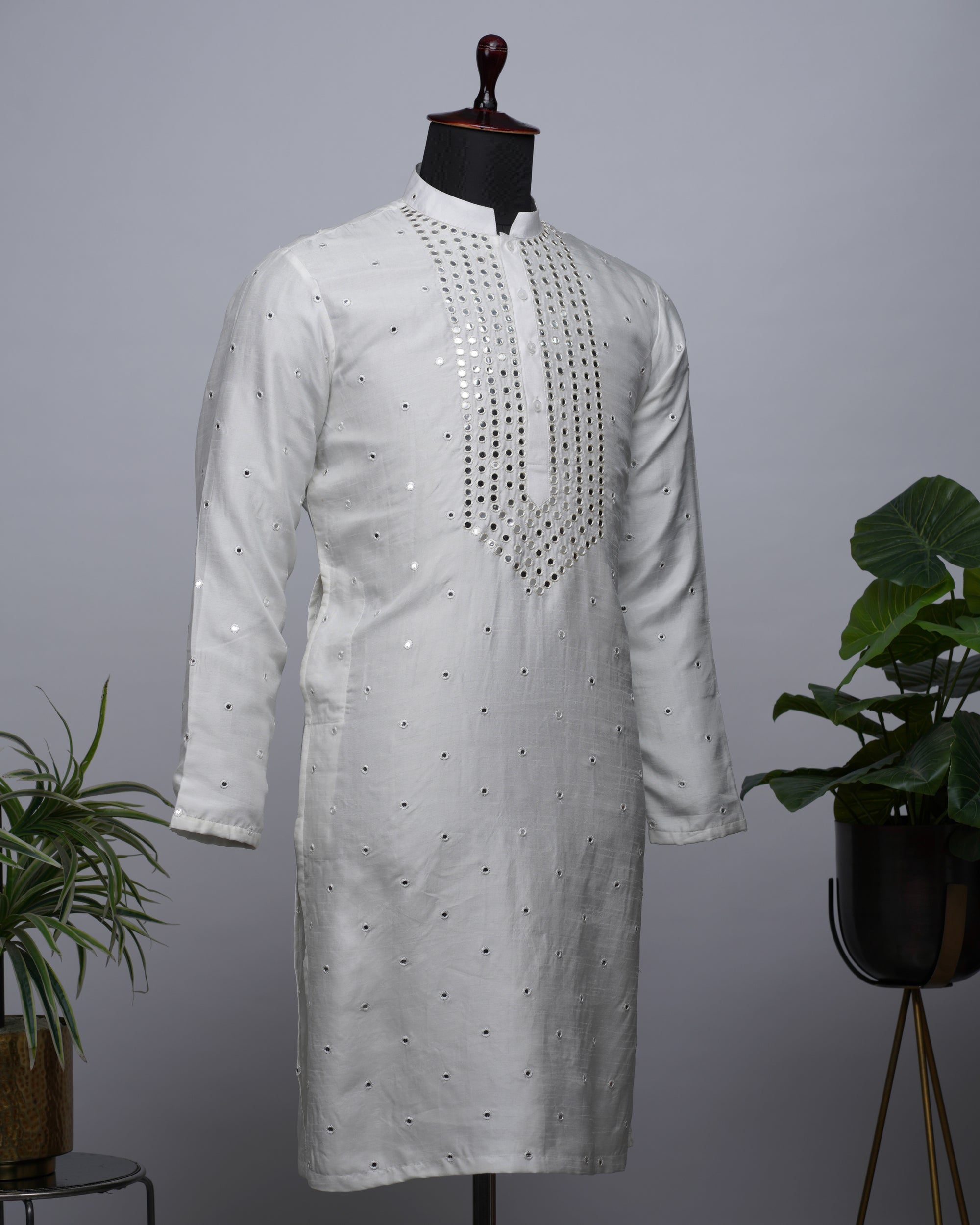 White Mirror Work Silk Kurta Set