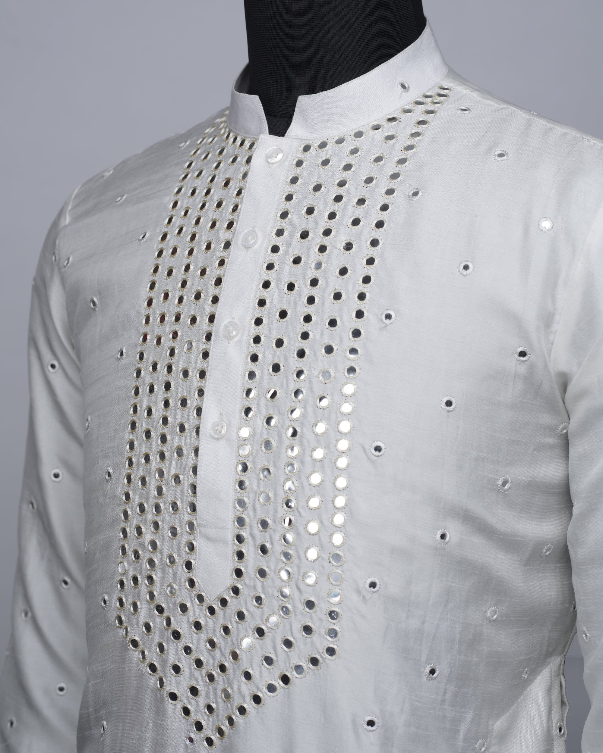 White Mirror Work Silk Kurta Set