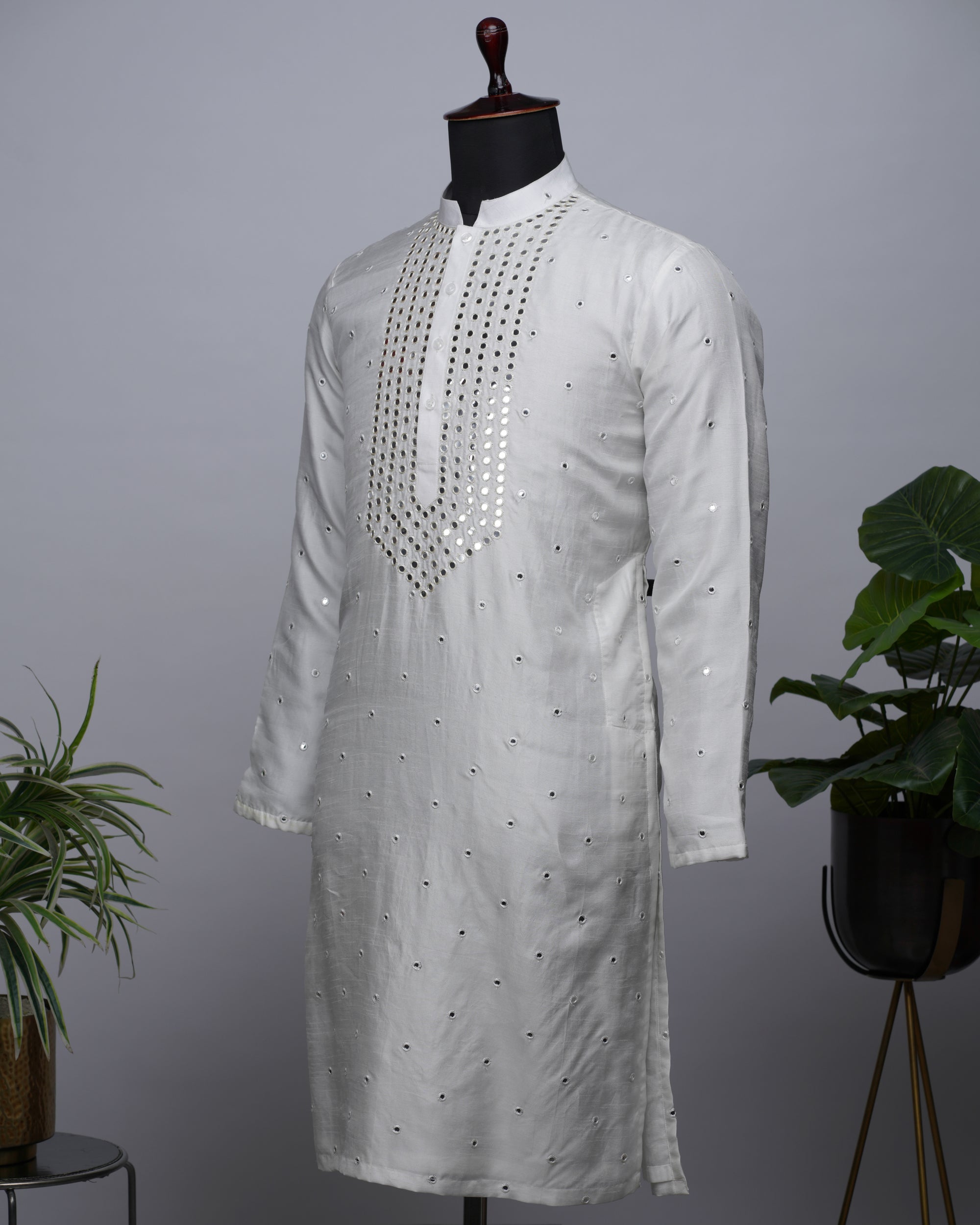 White Mirror Work Silk Kurta Set