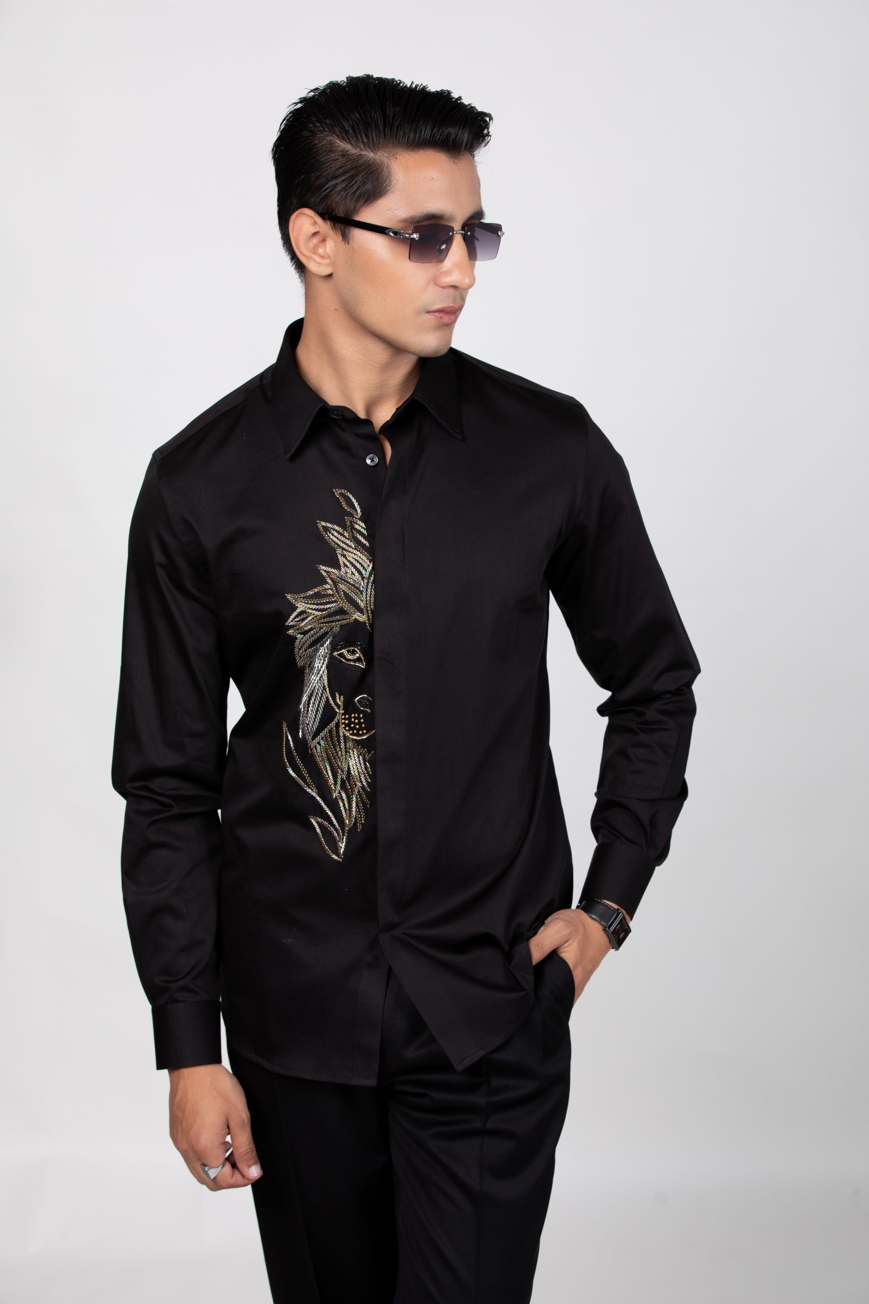 Abstract Lion - Hand Embroidered Black