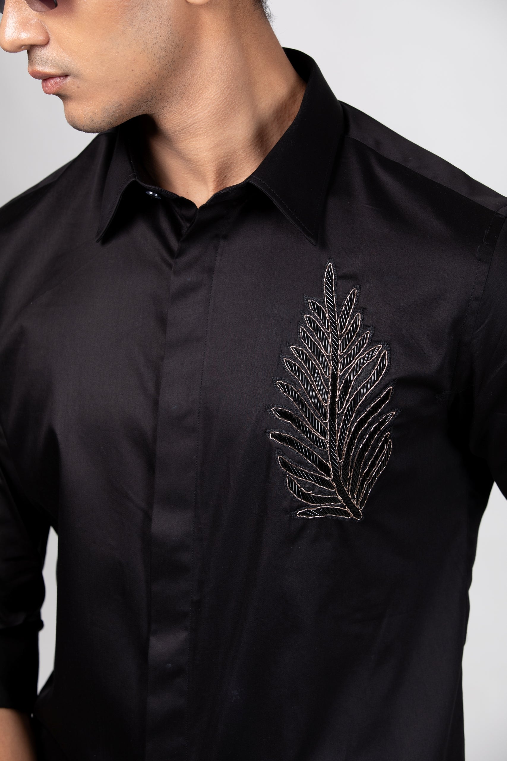 Leaf - Hand Embroidered Black