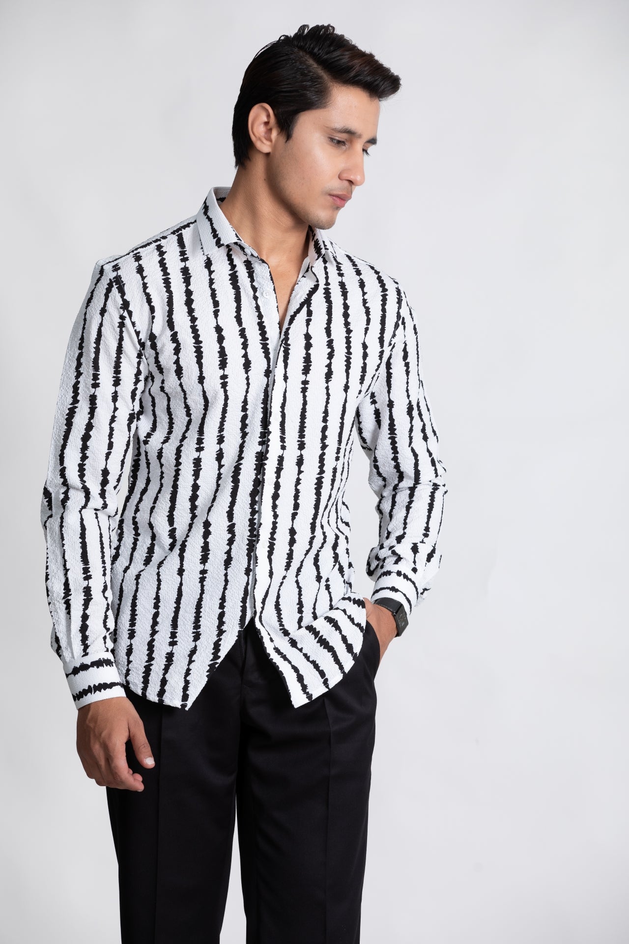 White & Black Linear Print Textured Shirt