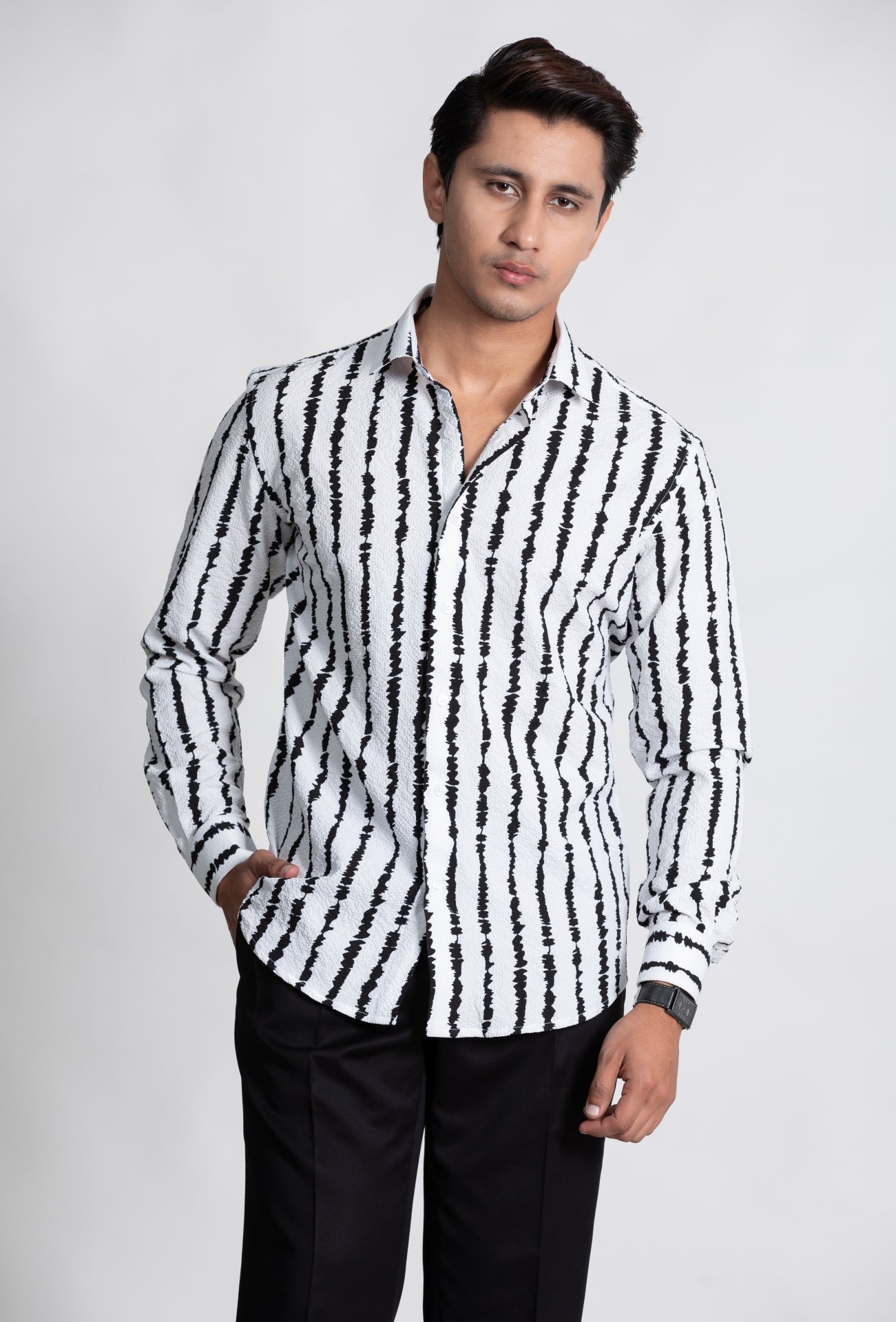 White & Black Linear Print Textured Shirt