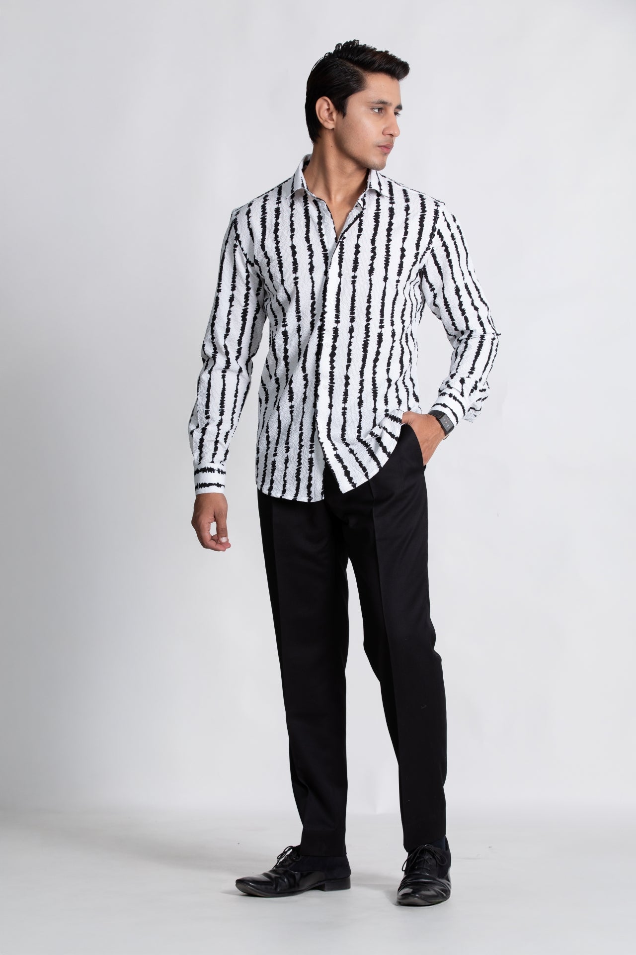 White & Black Linear Print Textured Shirt