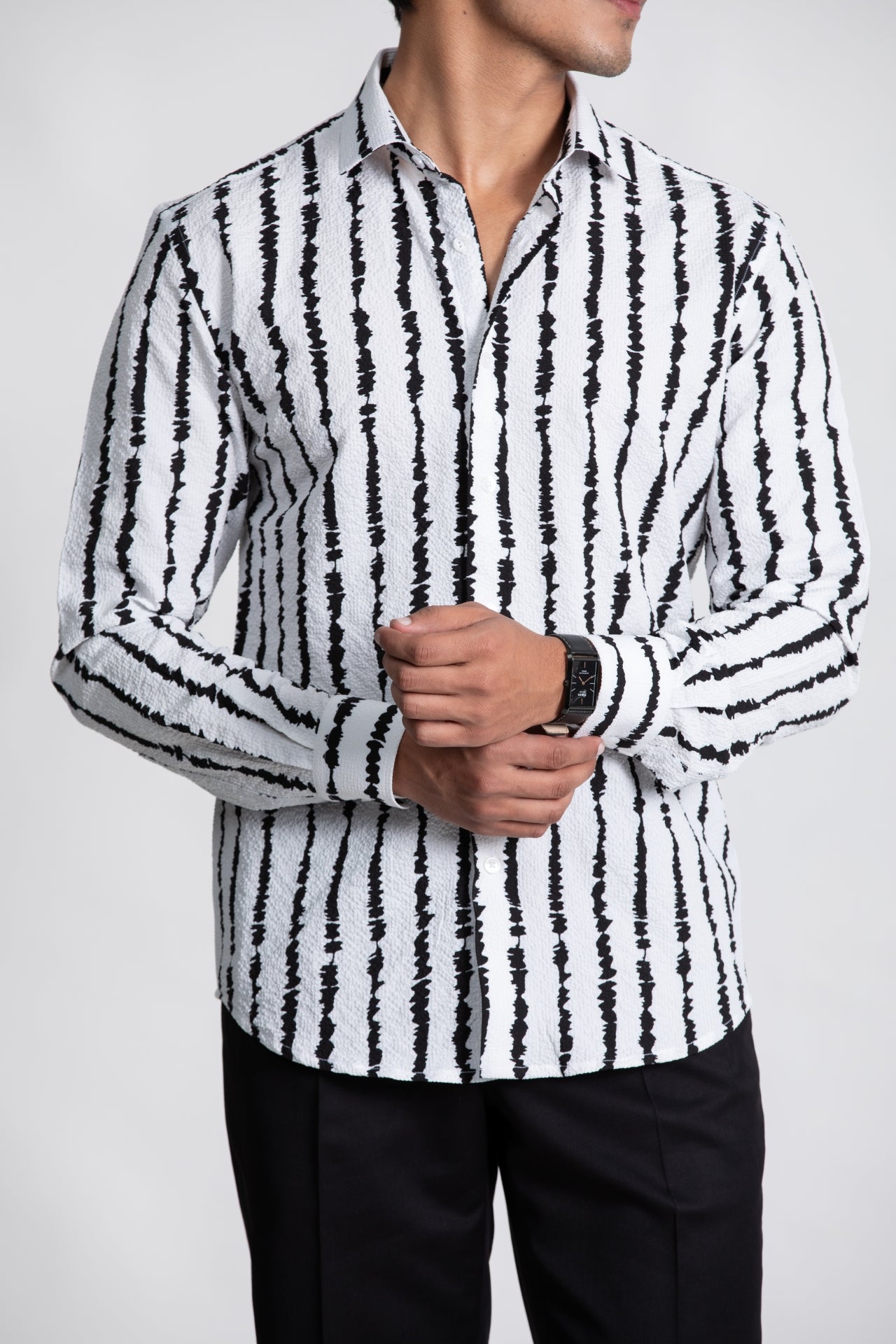White & Black Linear Print Textured Shirt