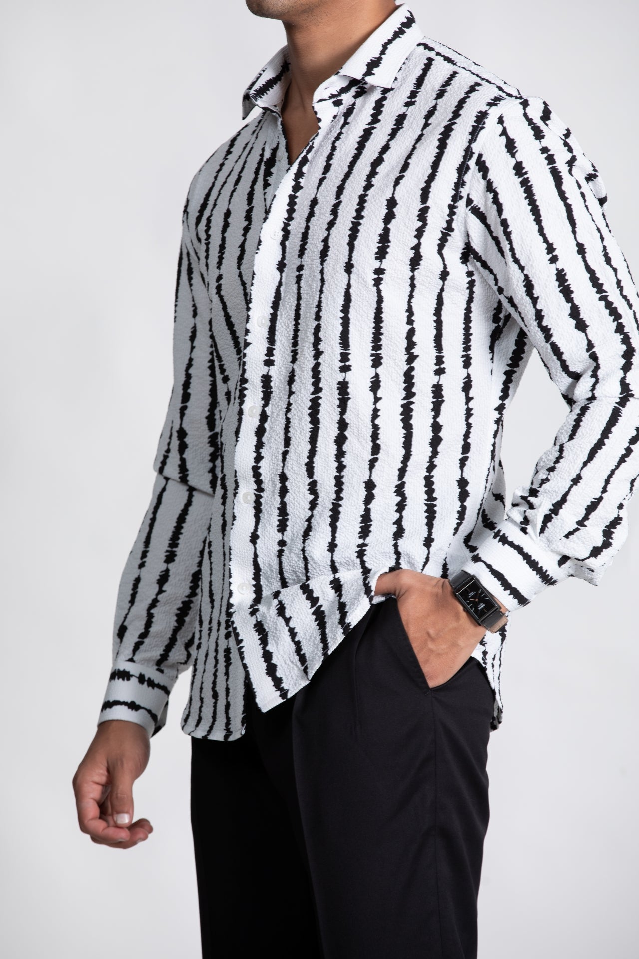 White & Black Linear Print Textured Shirt