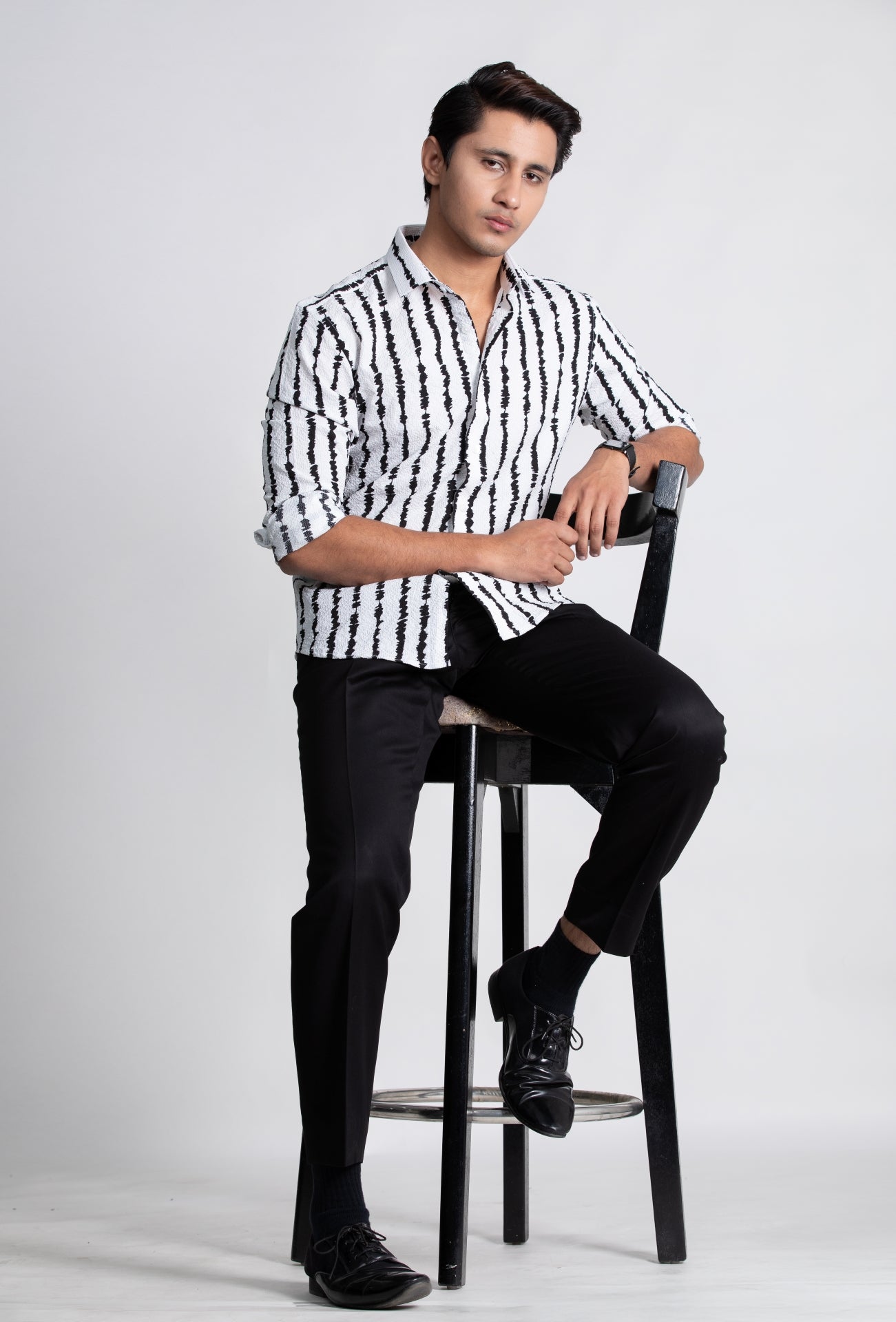 White & Black Linear Print Textured Shirt