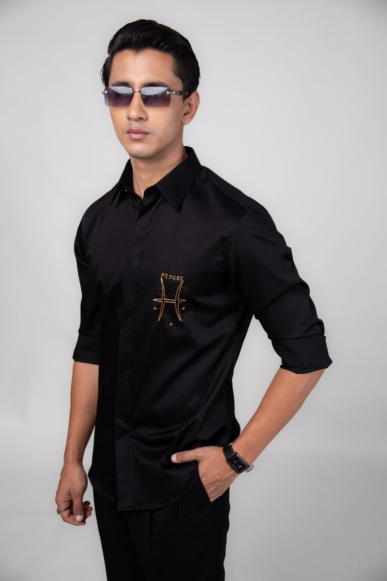 Pisces Shirt (Feb 19 - Mar 20) - Hand Embroidered Black