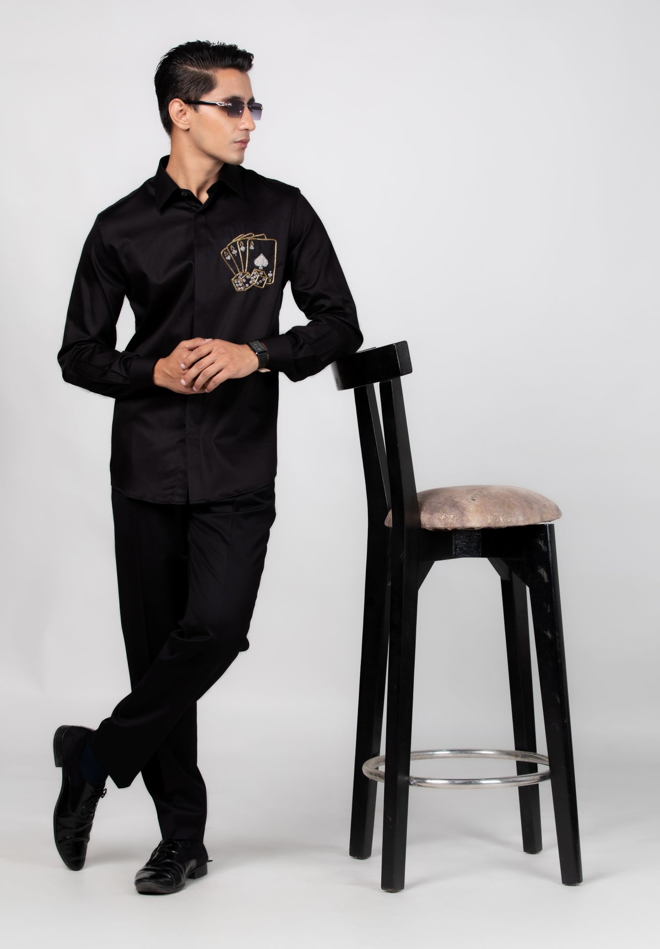 Four Aces Shirt - Hand Embroidered Black