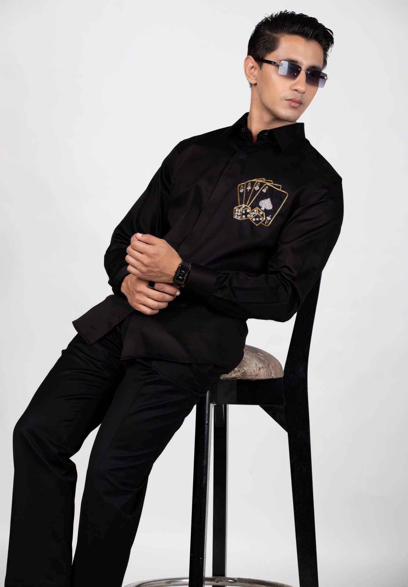 Four Aces Shirt - Hand Embroidered Black