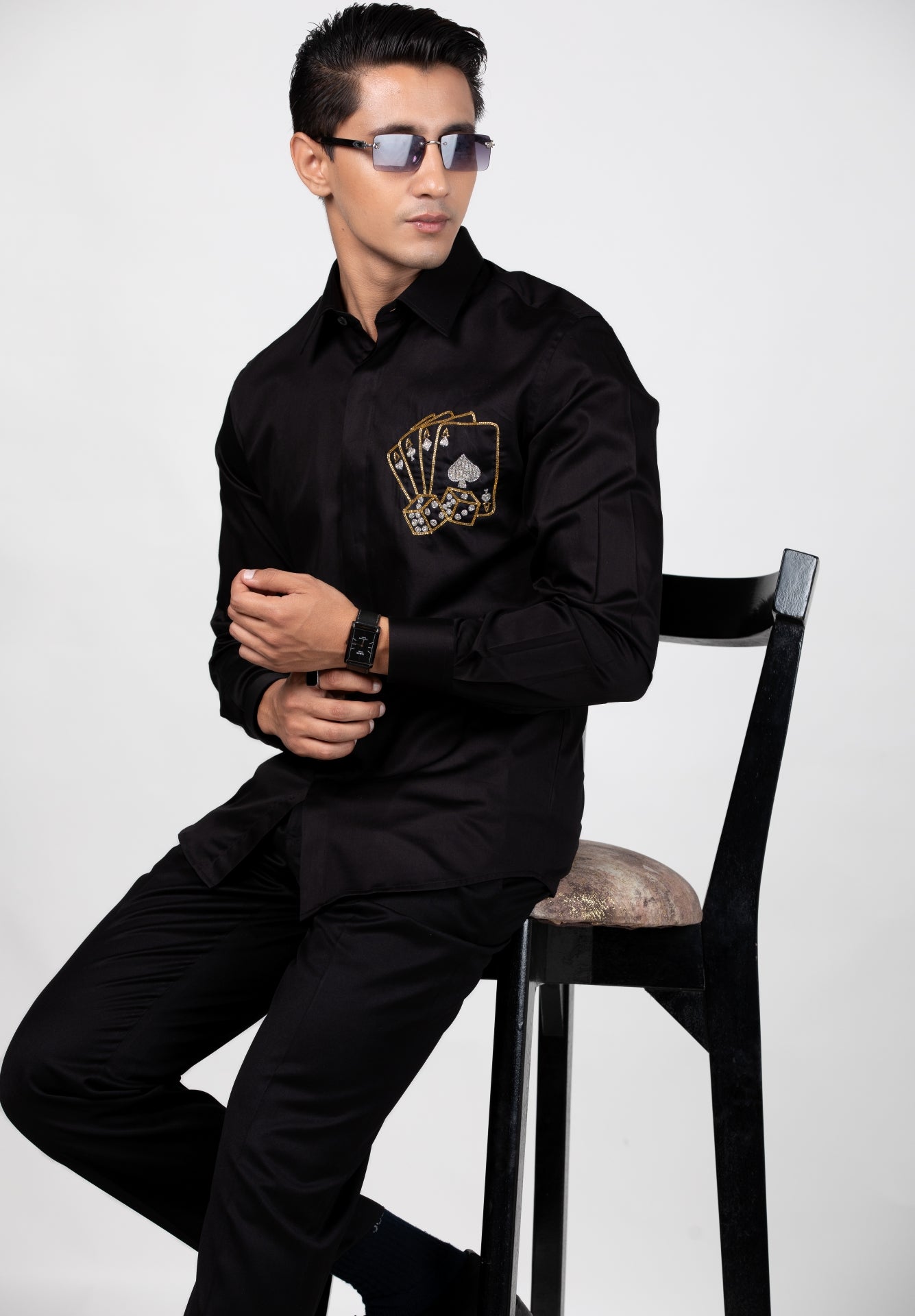 Four Aces Shirt - Hand Embroidered Black