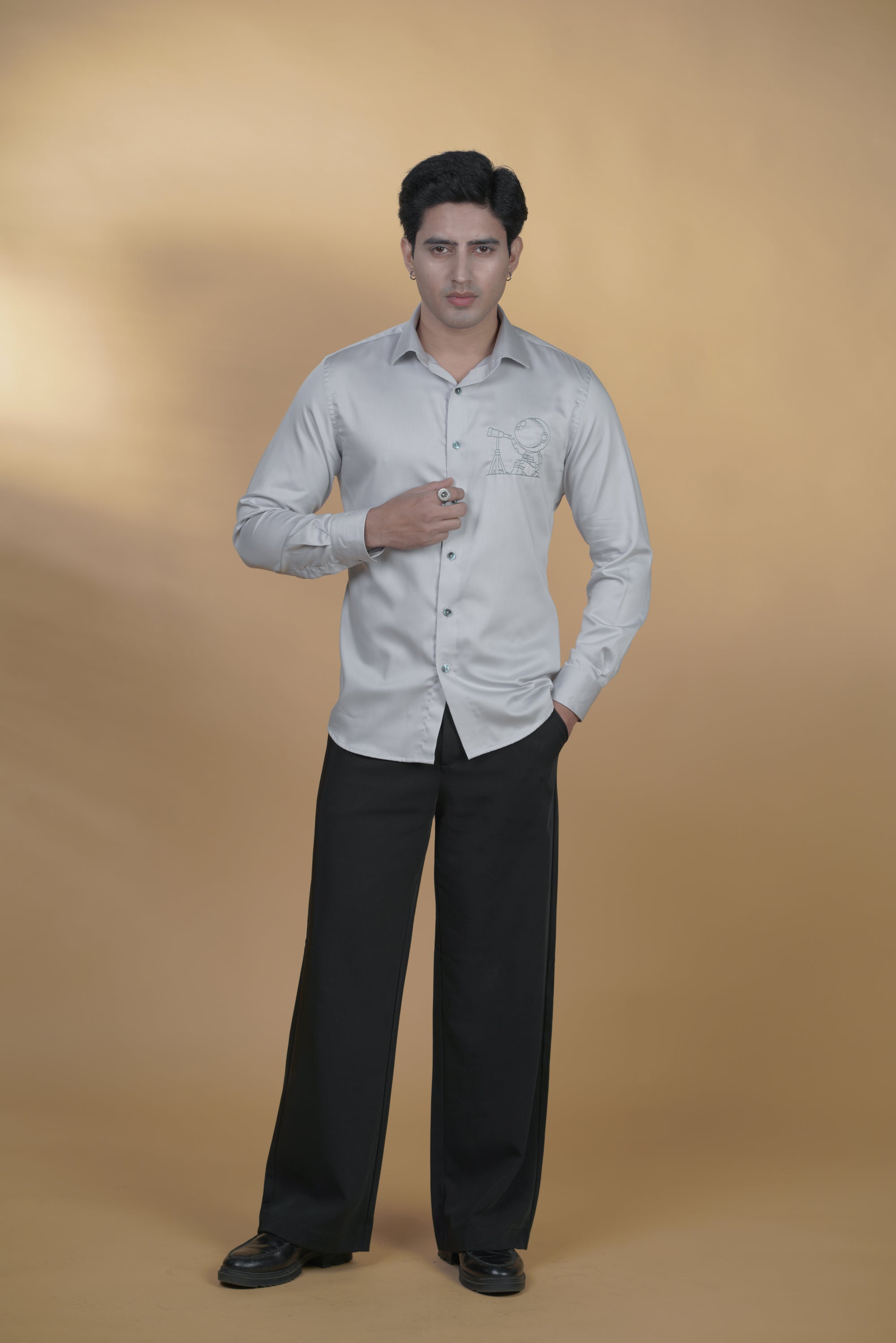 Grey Cotton Shirt with Embroidery