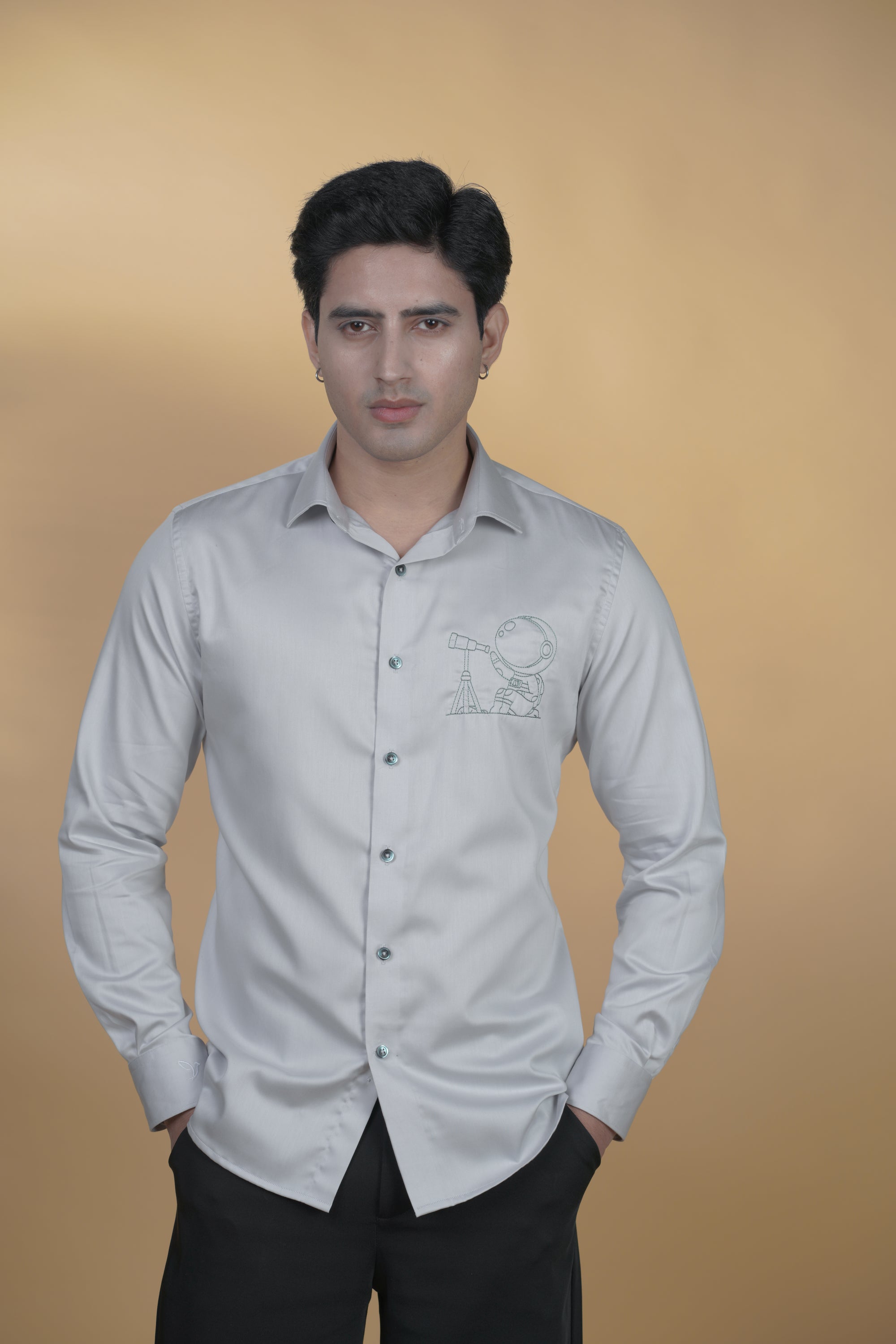 Grey Cotton Shirt with Embroidery