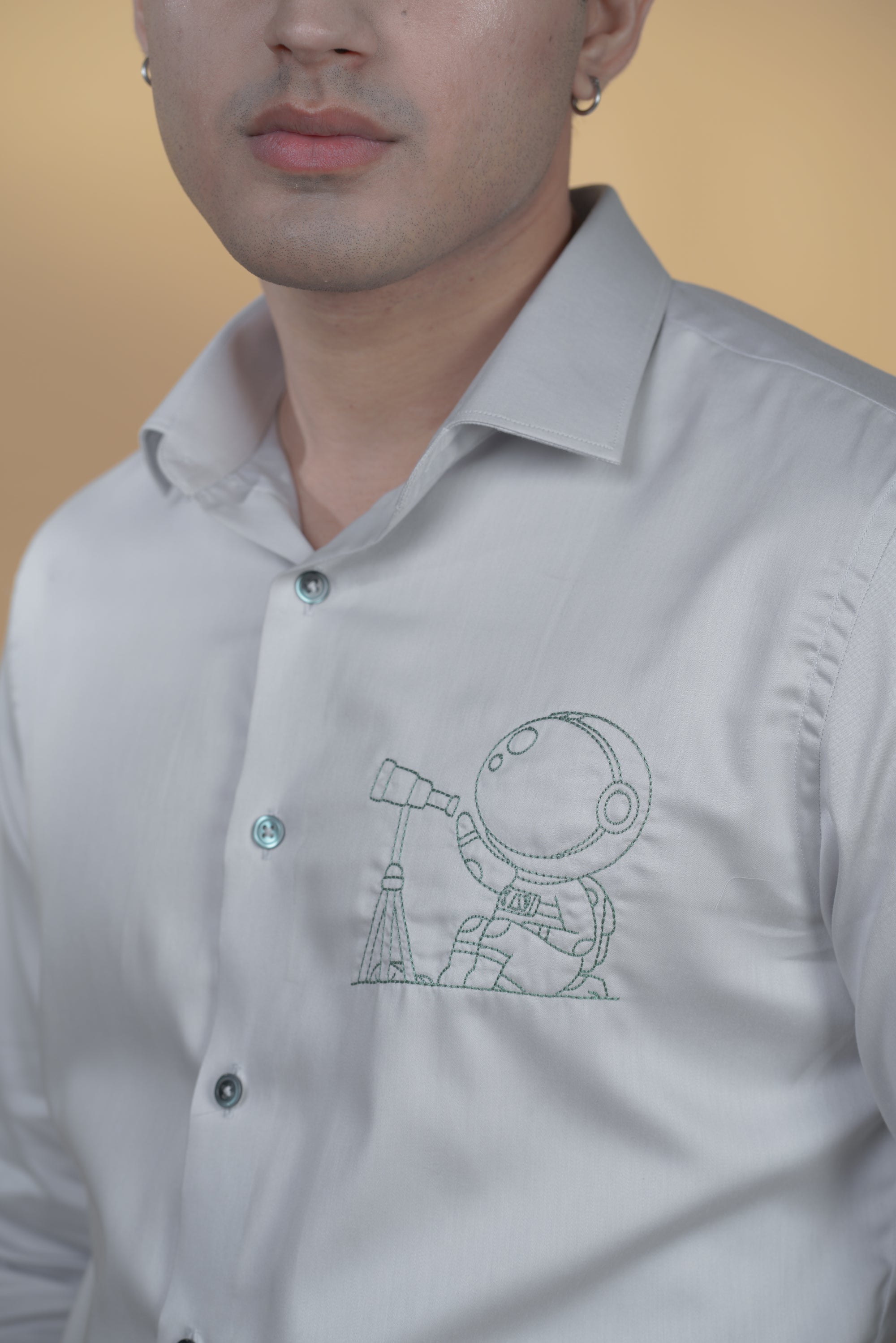 Grey Cotton Shirt with Embroidery