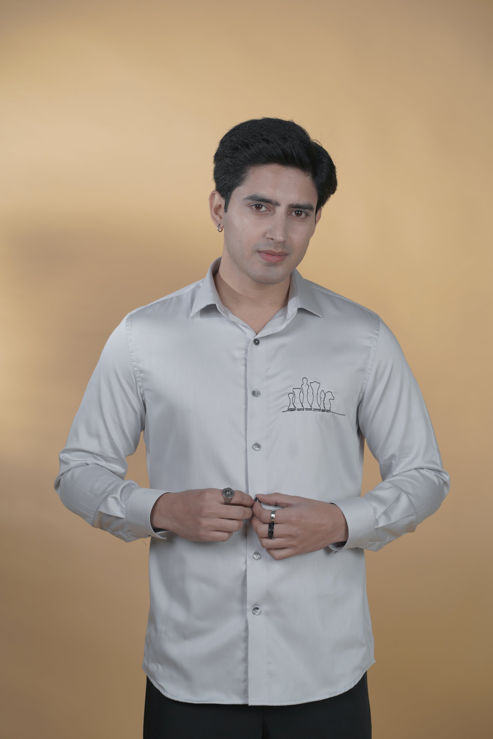 Grey Cotton Shirt with Embroidery