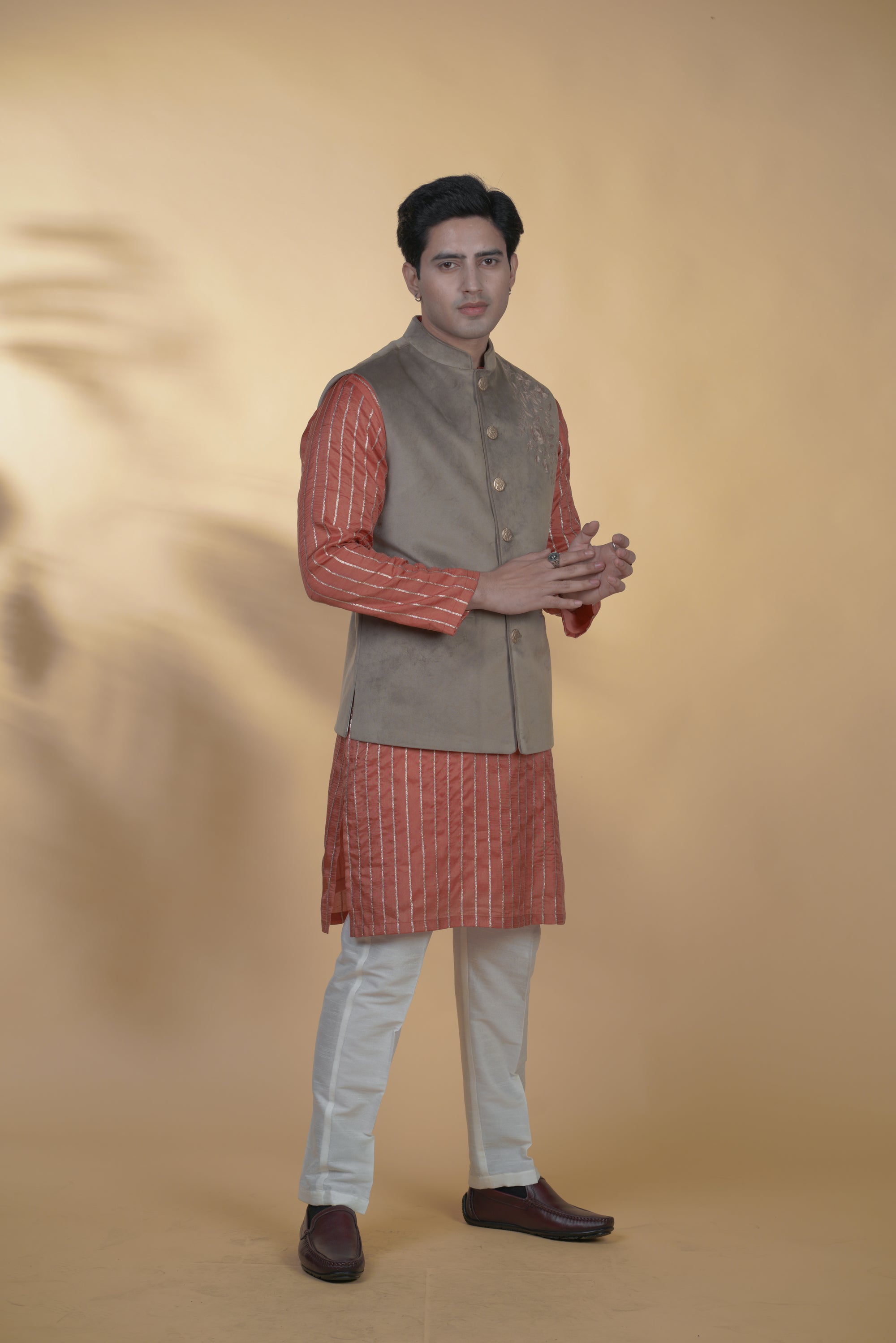 Light Brown Velvet Hand Embroidered Bundi Jacket