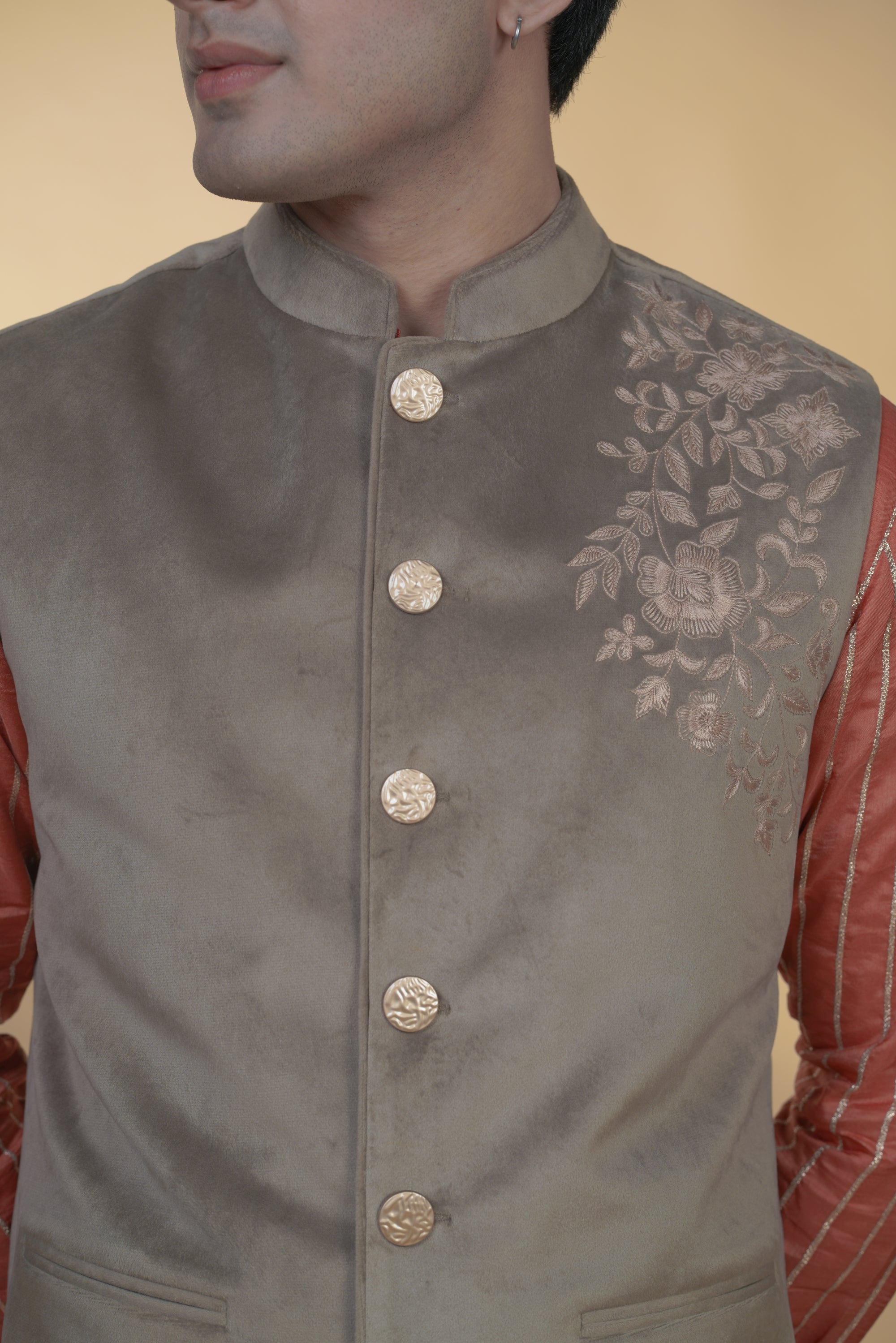 Light Brown Velvet Hand Embroidered Bundi Jacket
