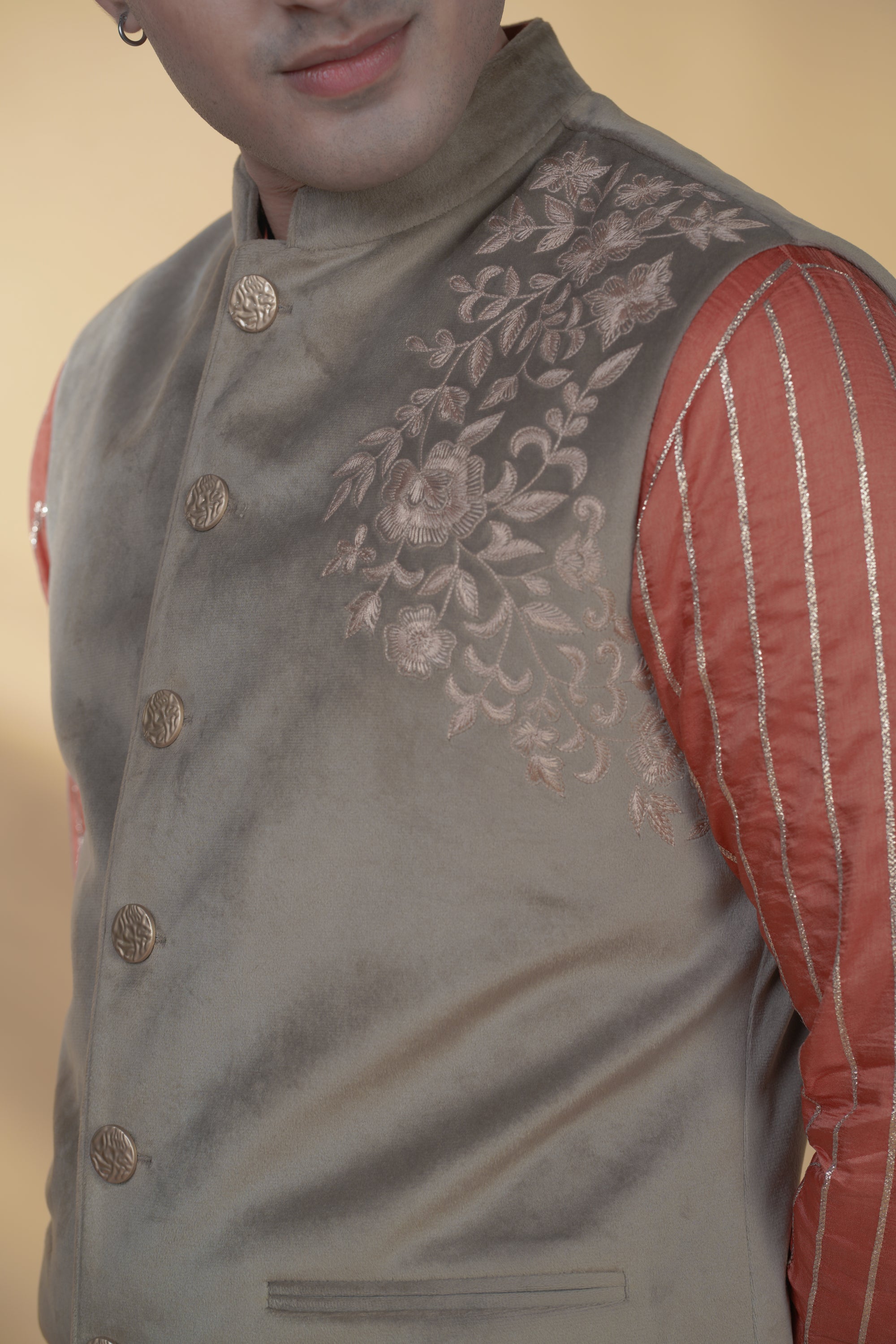 Light Brown Velvet Hand Embroidered Bundi Jacket
