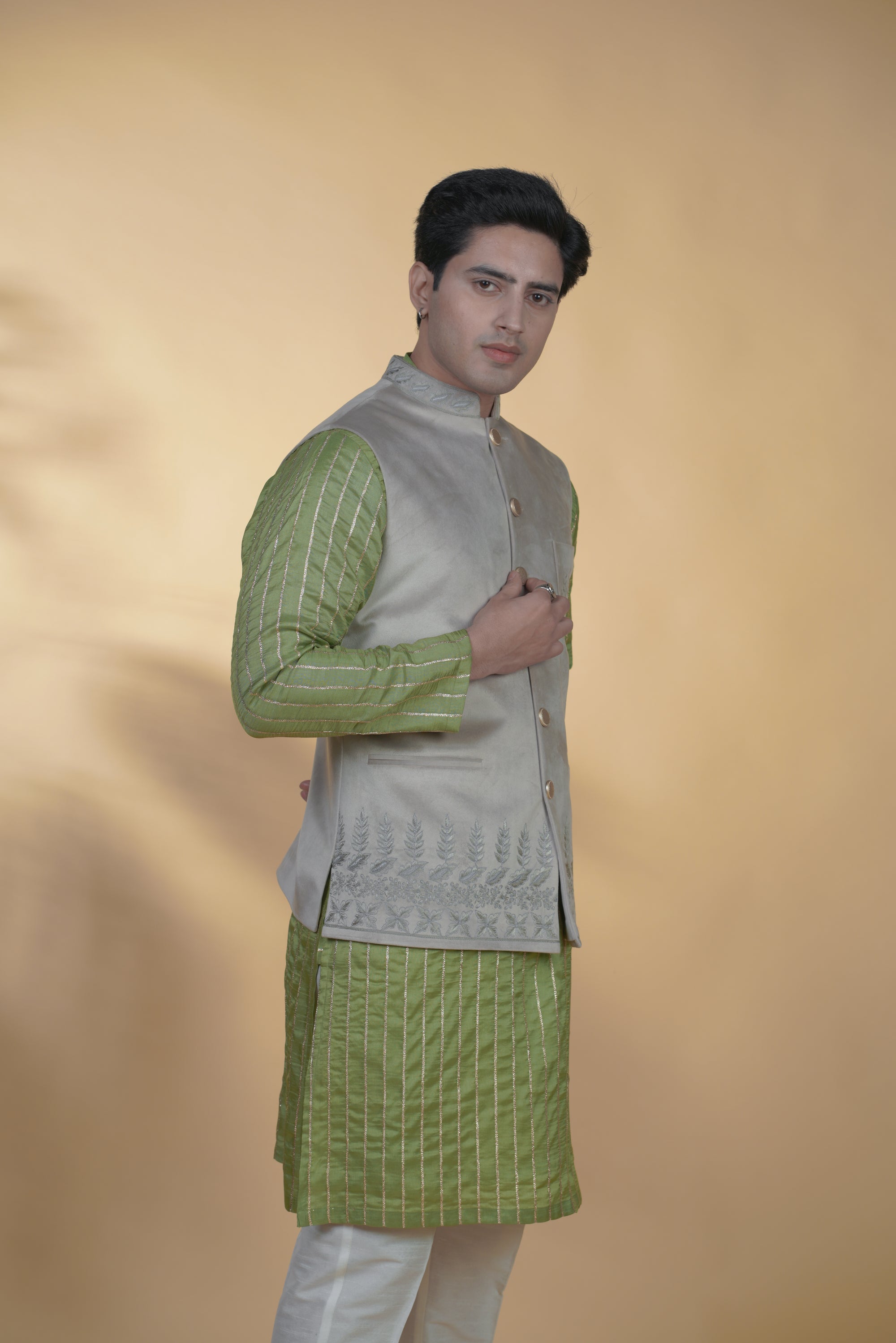Glacier Grey Velvet Hand Embroidered Bundi Jacket