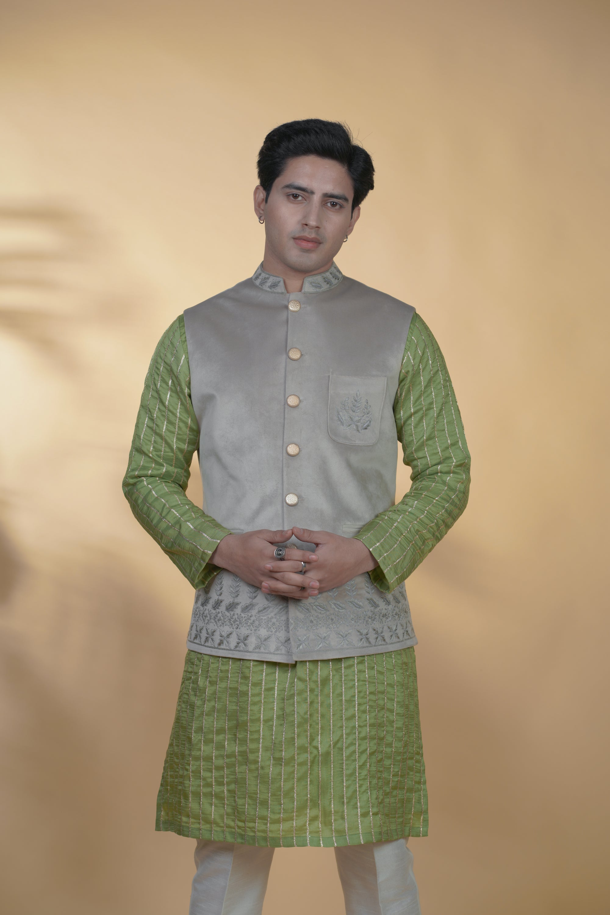 Glacier Grey Velvet Hand Embroidered Bundi Jacket