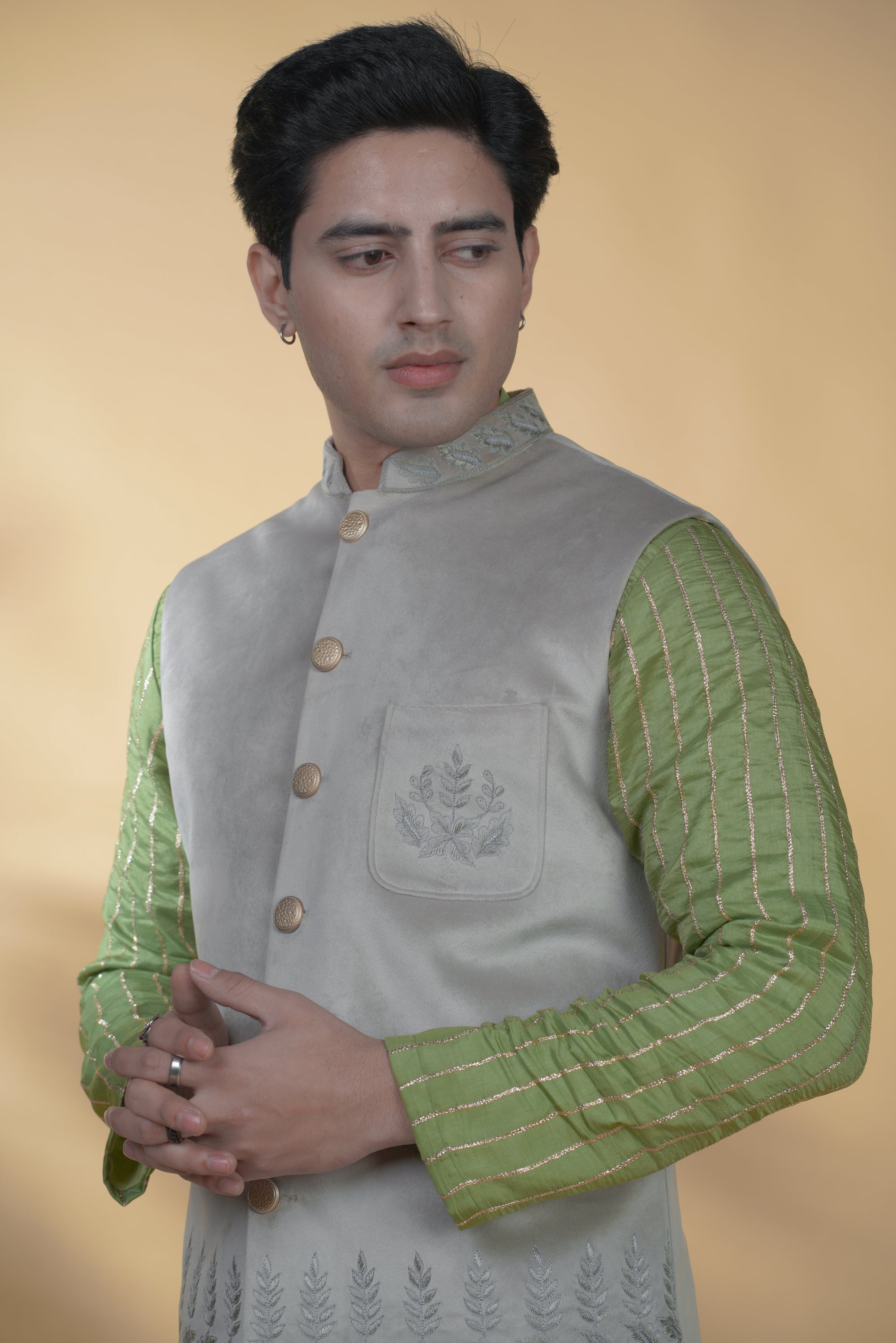 Glacier Grey Velvet Hand Embroidered Bundi Jacket