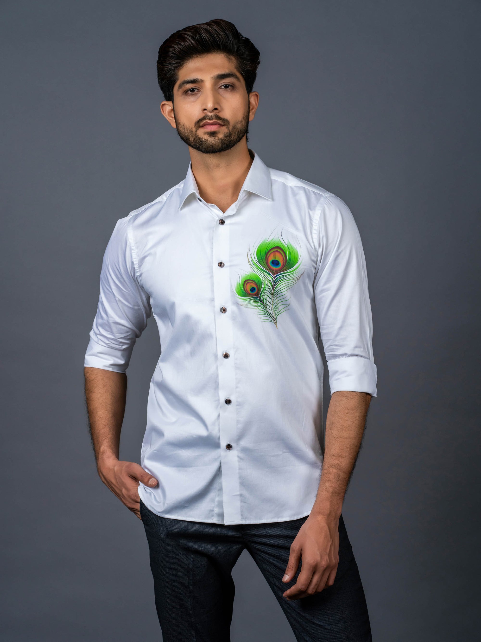White Shirt with Feather Print