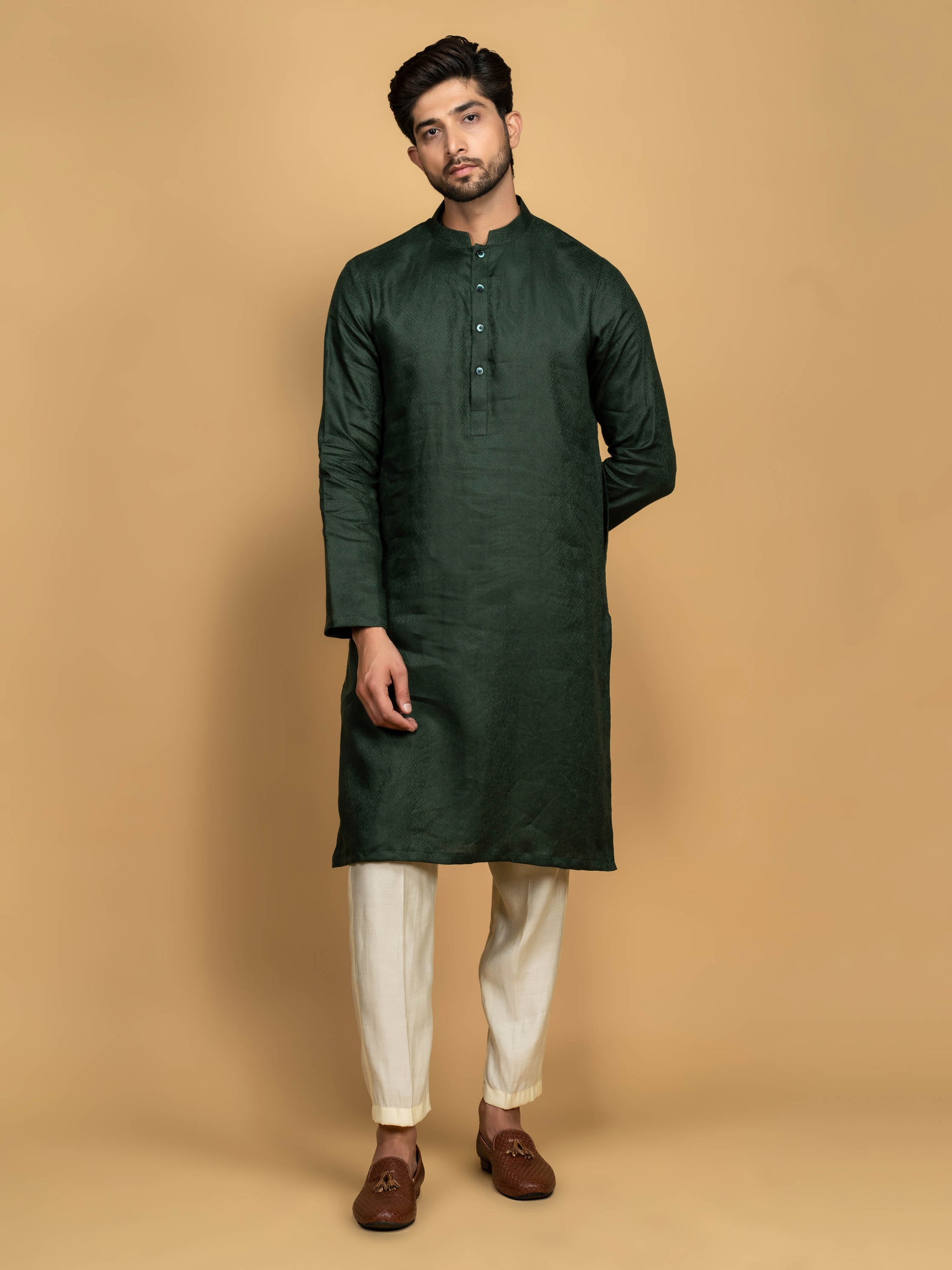 Dark Green Jacquard Kurta Set
