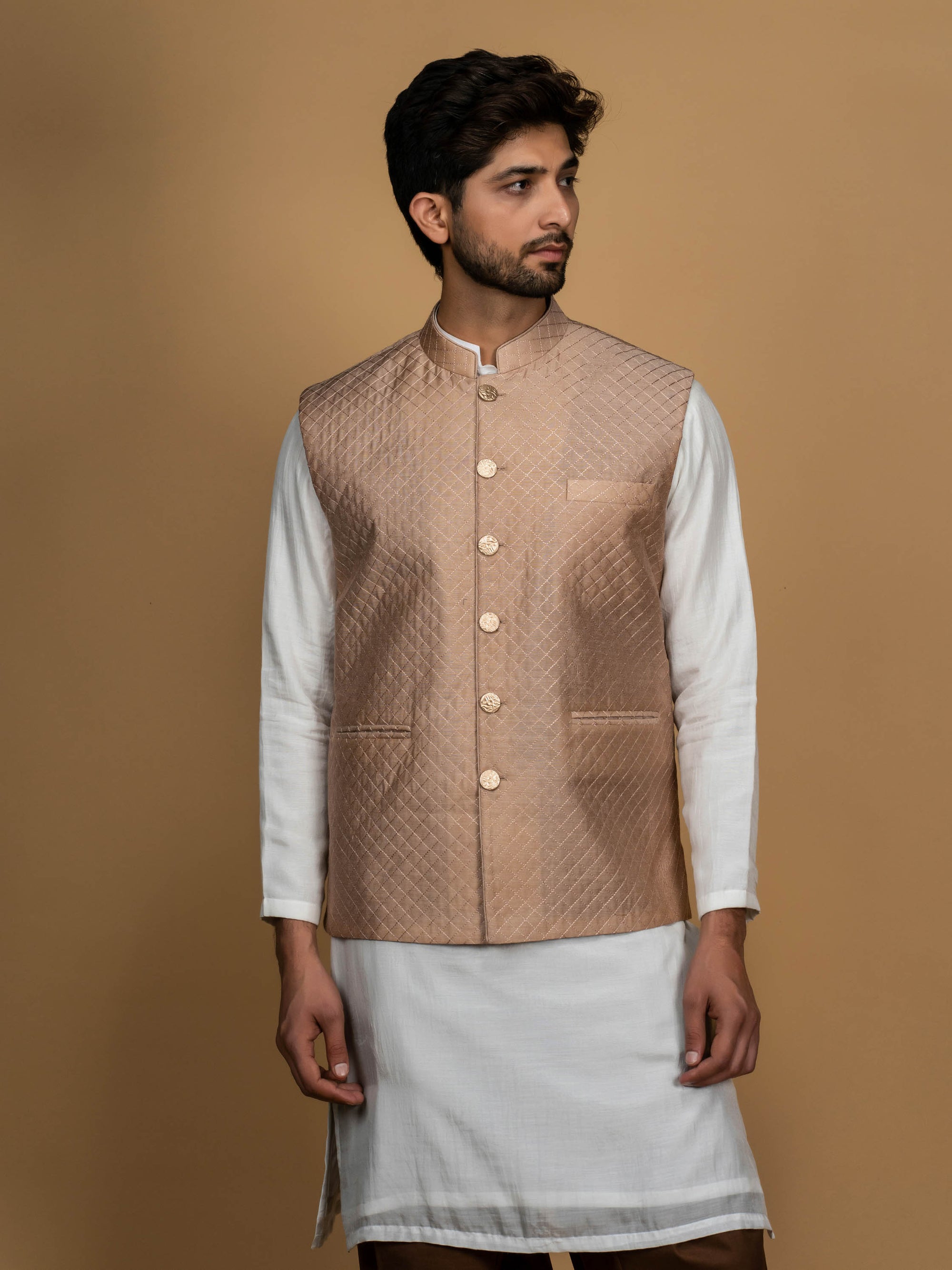 Light Brown Quilted Silk Bundi Jacket