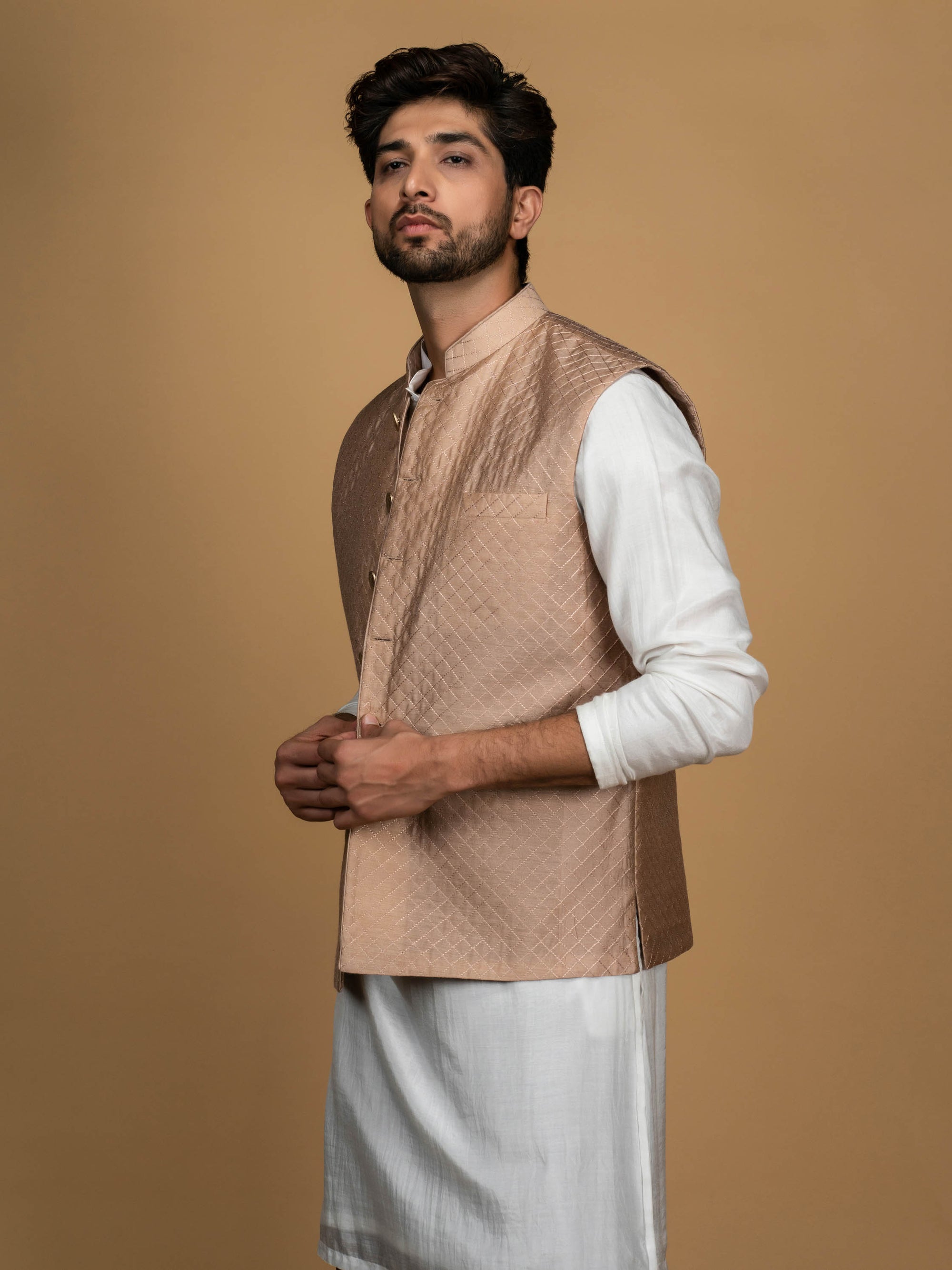 Light Brown Quilted Silk Bundi Jacket