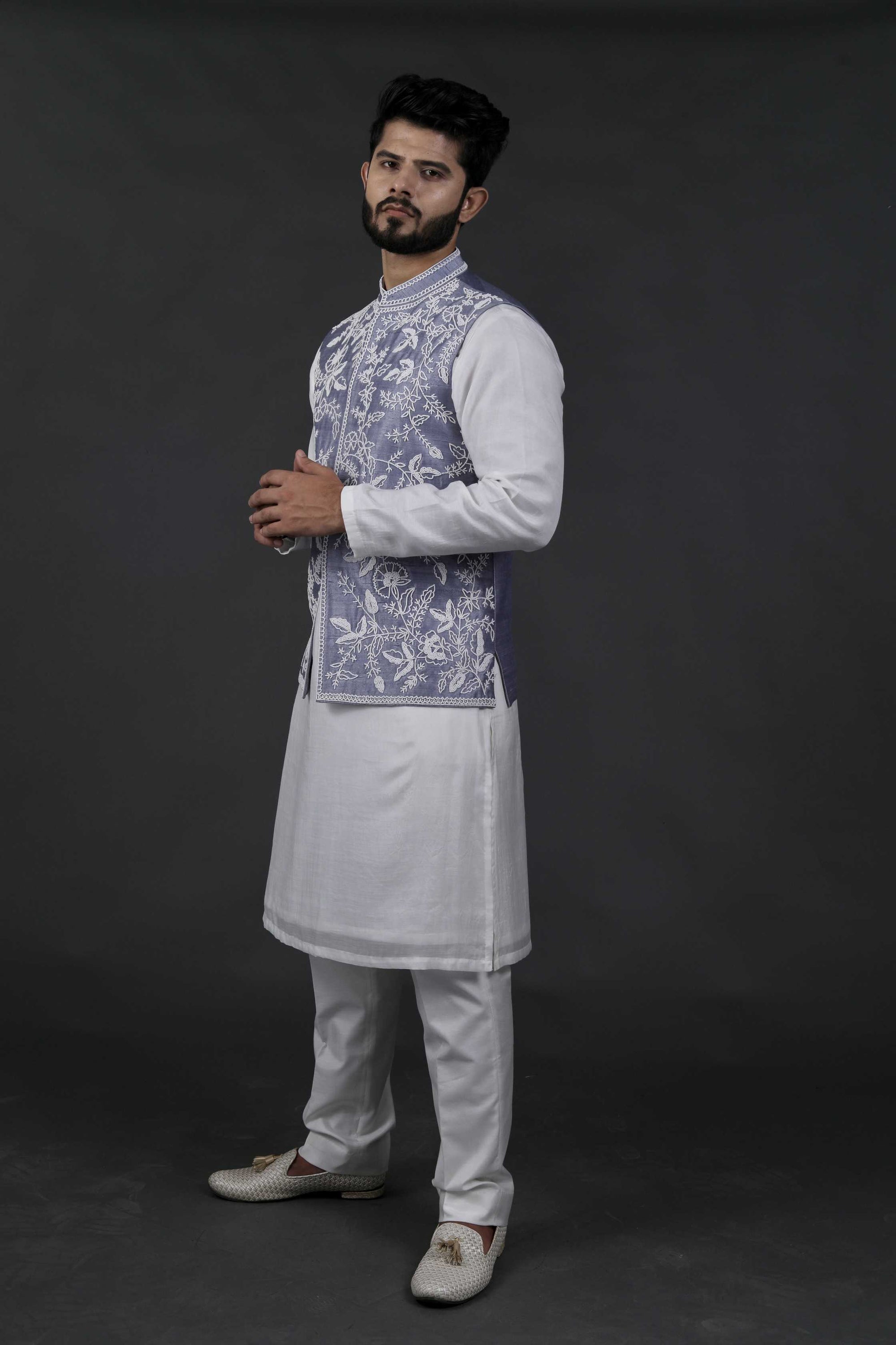Grey Hand Embroidered Bundi Jacket
