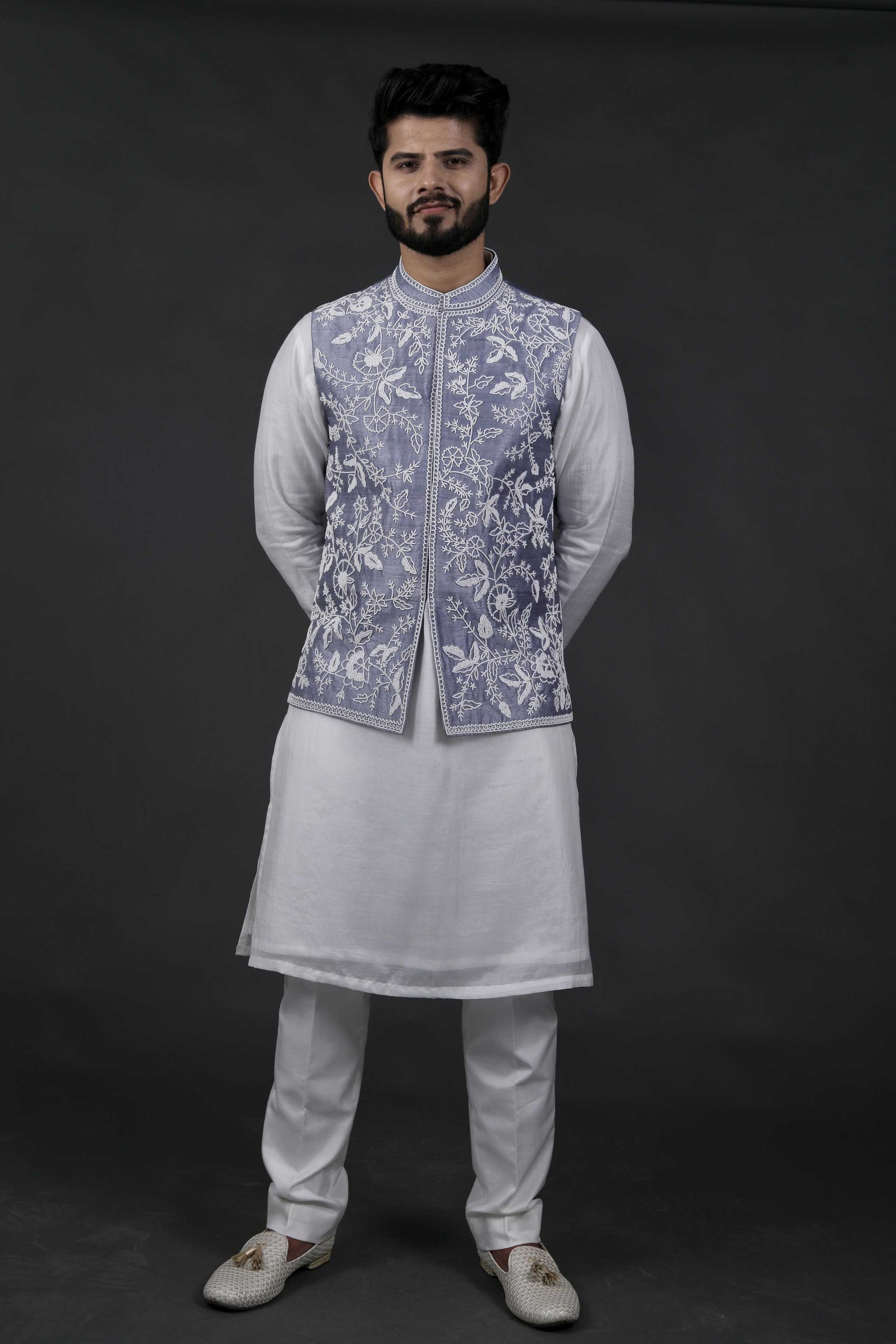 Grey Hand Embroidered Bundi Jacket