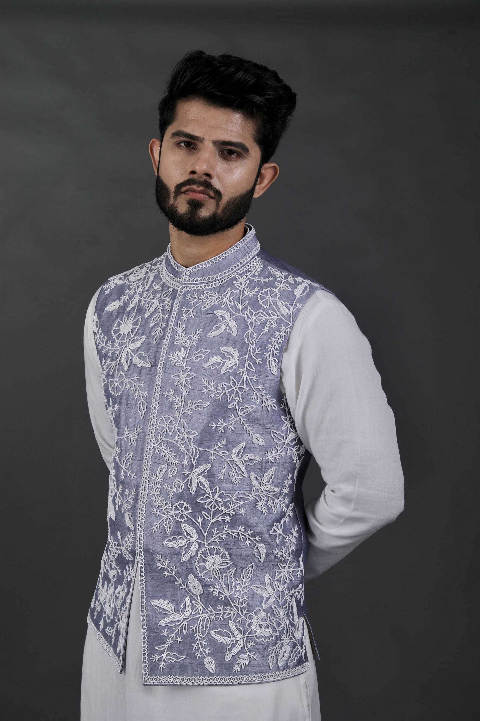 Grey Hand Embroidered Bundi Jacket