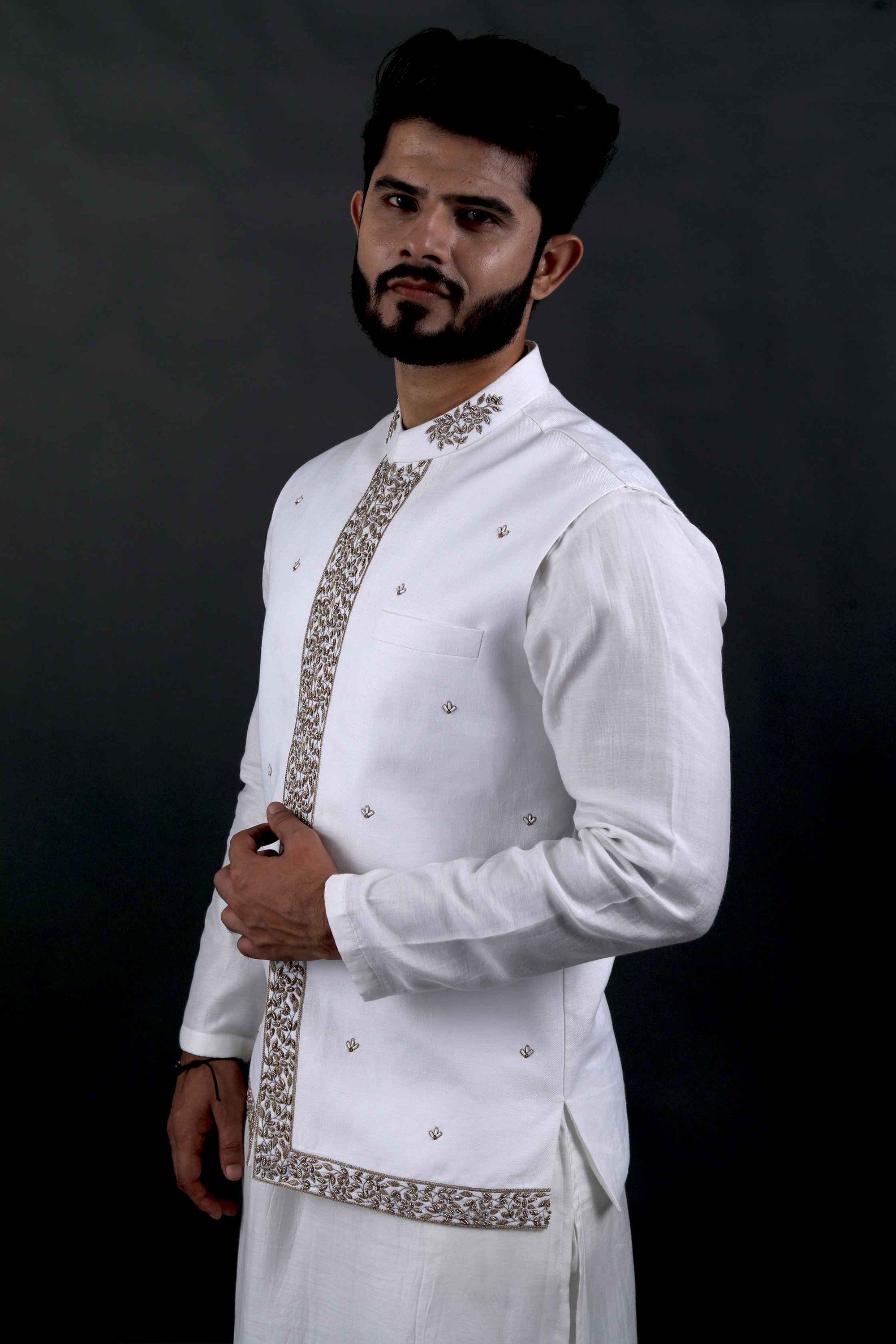 White Hand-Embroidered Bundi