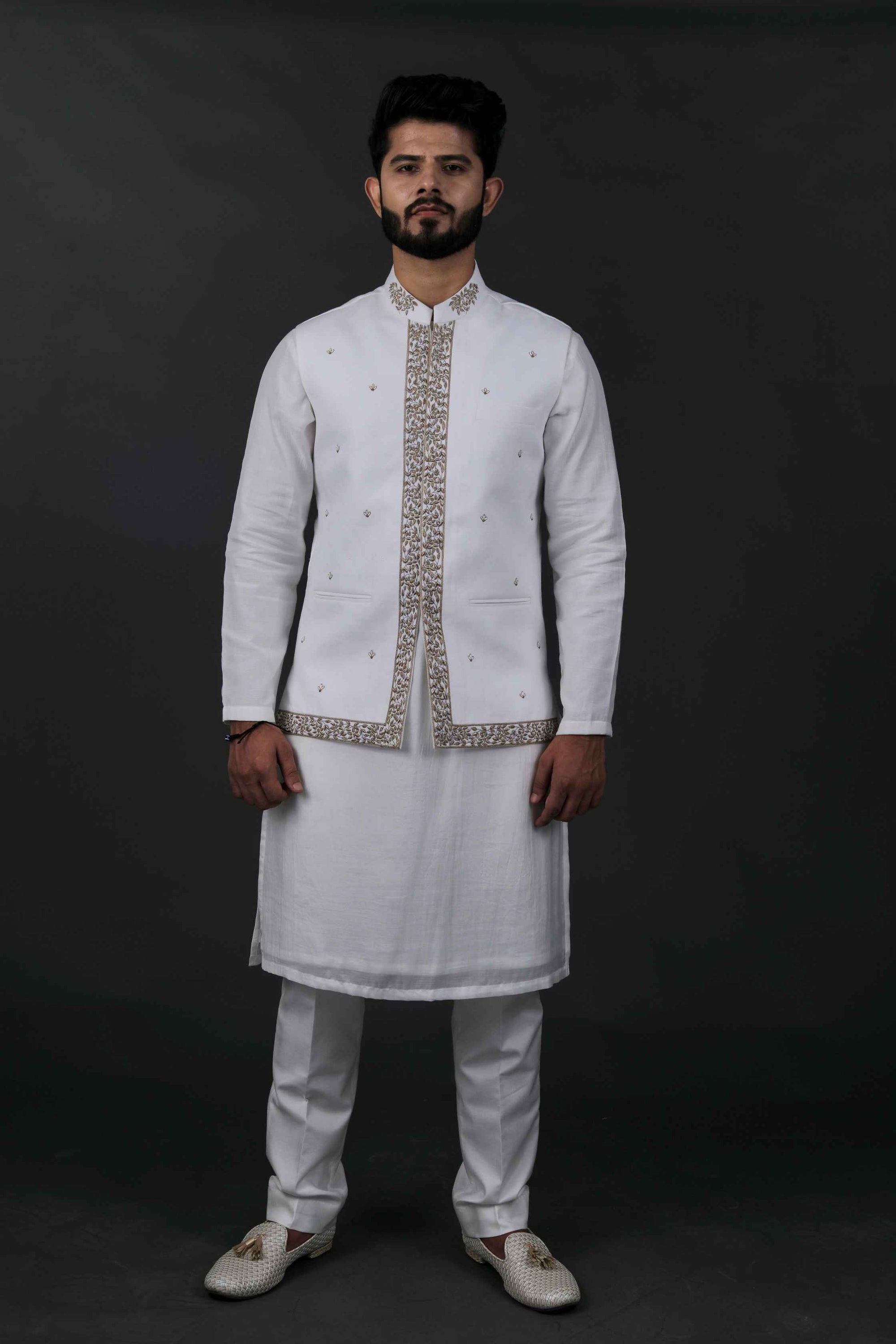 White Hand-Embroidered Bundi