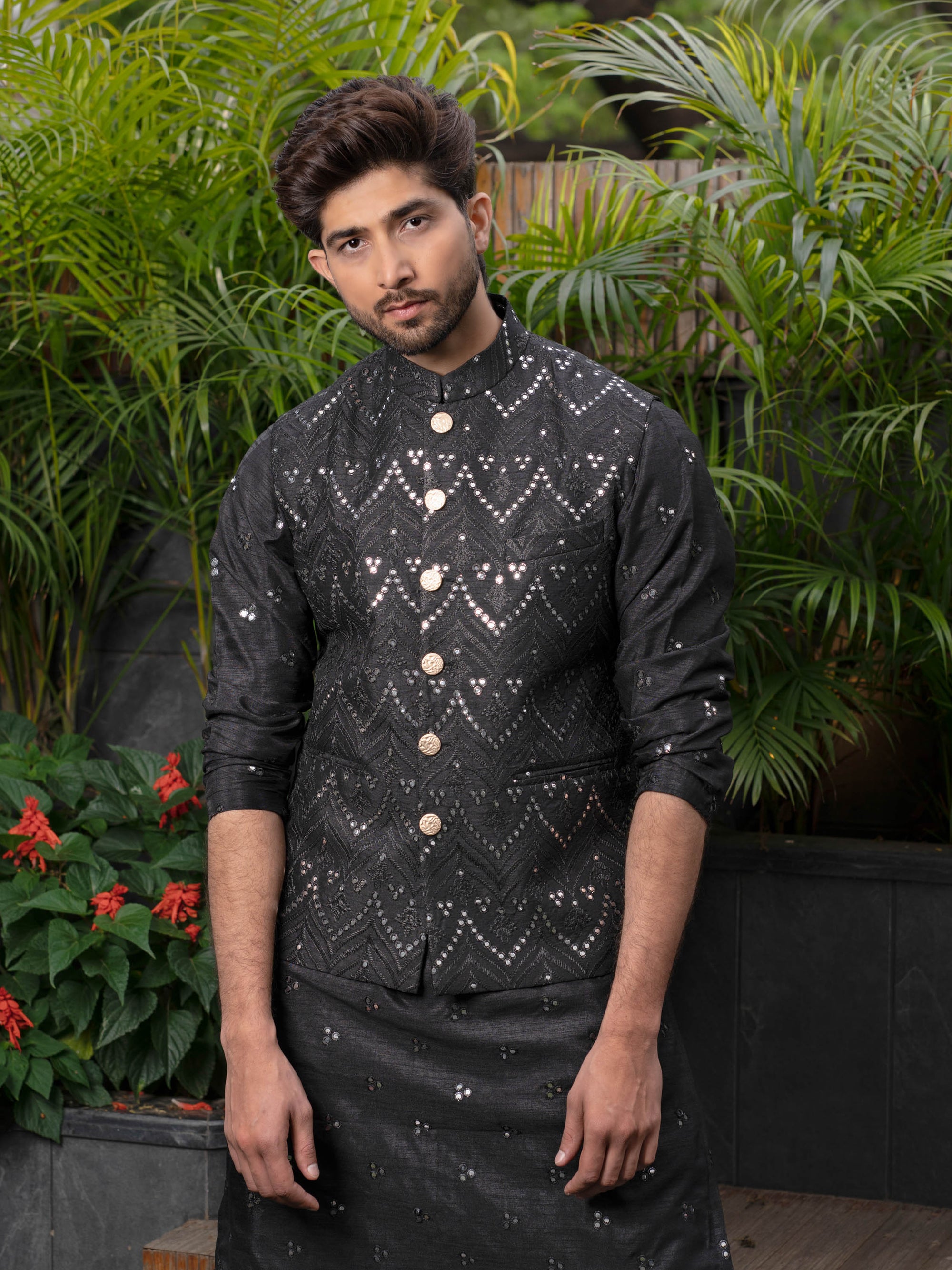 Black Silk Bundi Jacket With mirror work