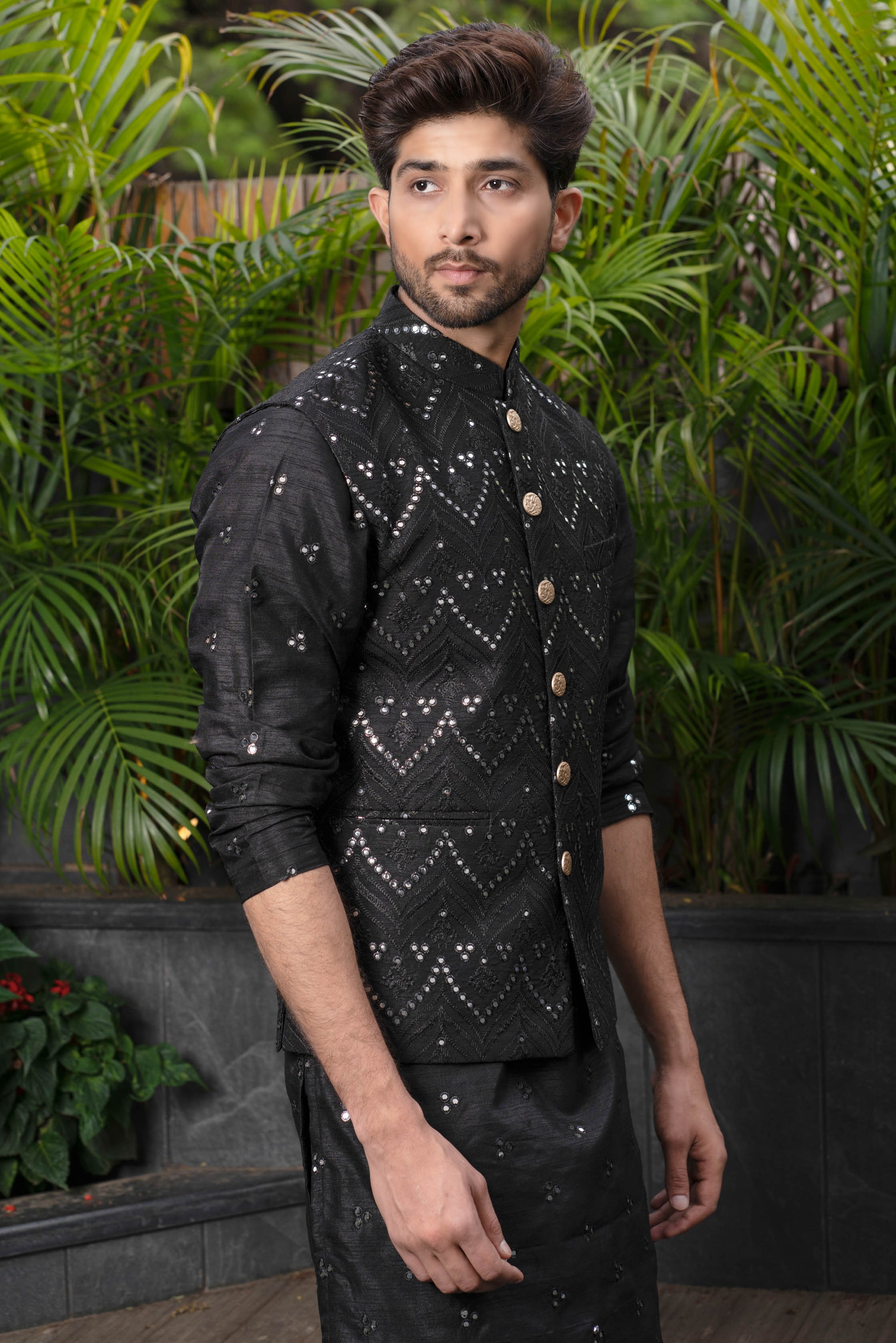 Black Silk Bundi Jacket With mirror work