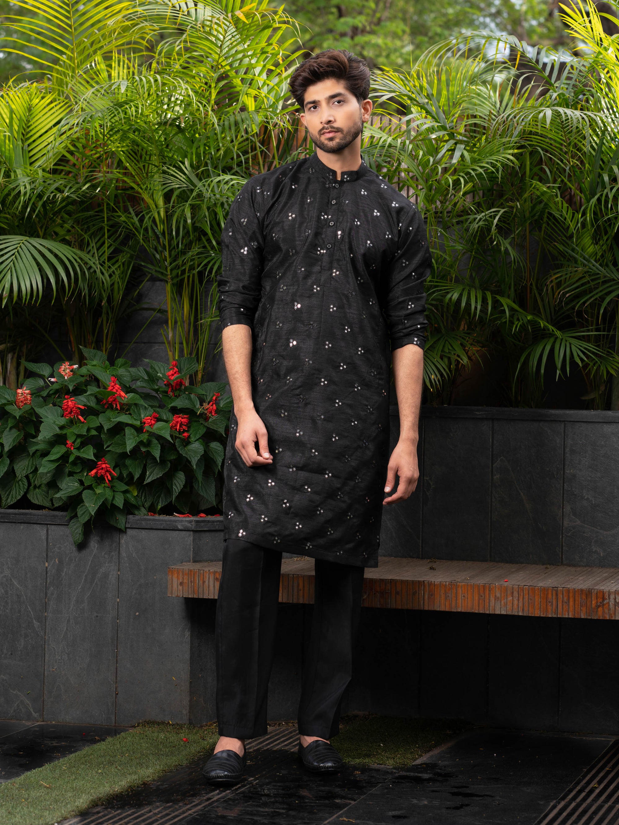 Black Mirror Work Silk Kurta Set