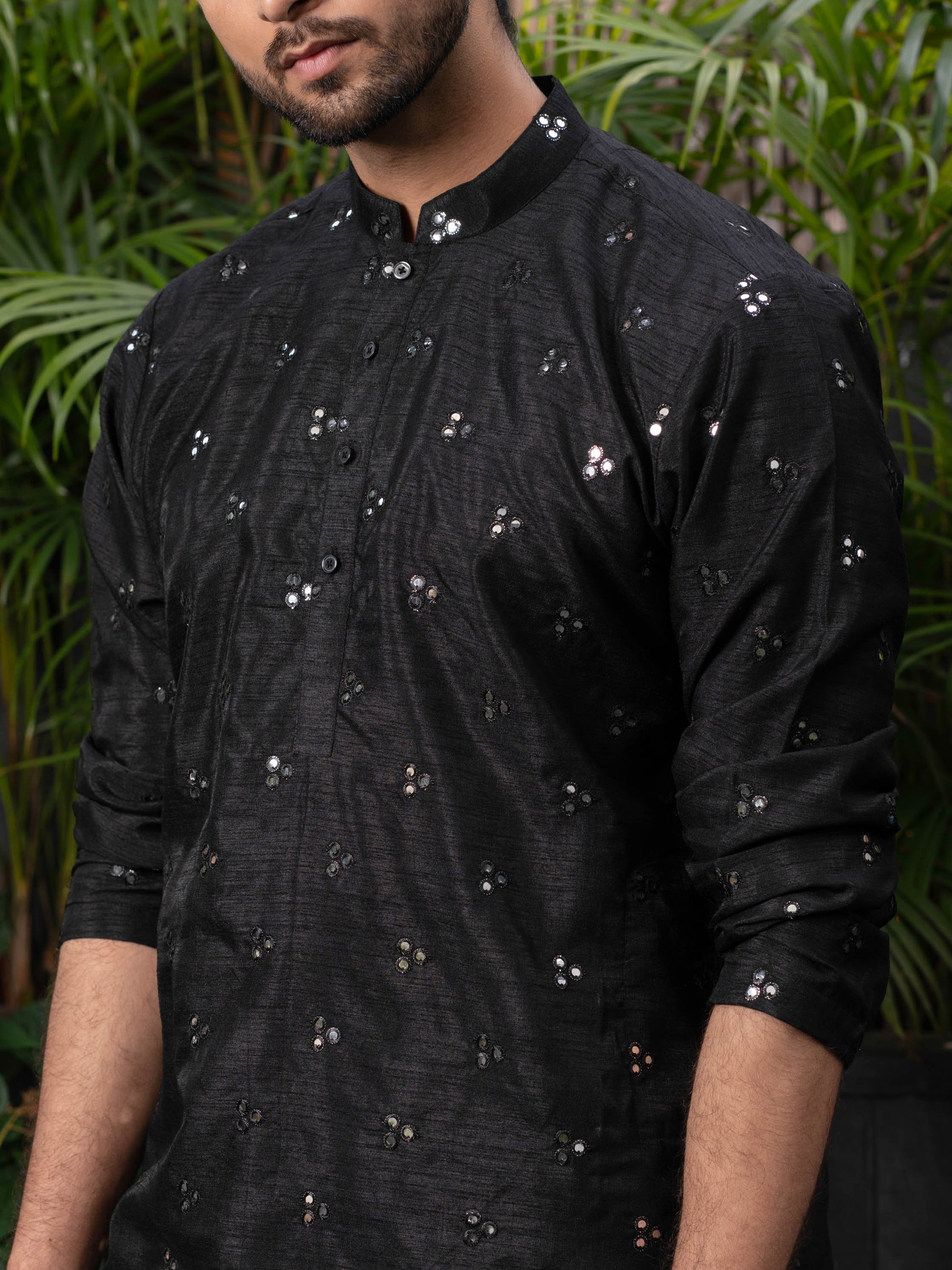 Black Mirror Work Silk Kurta Set