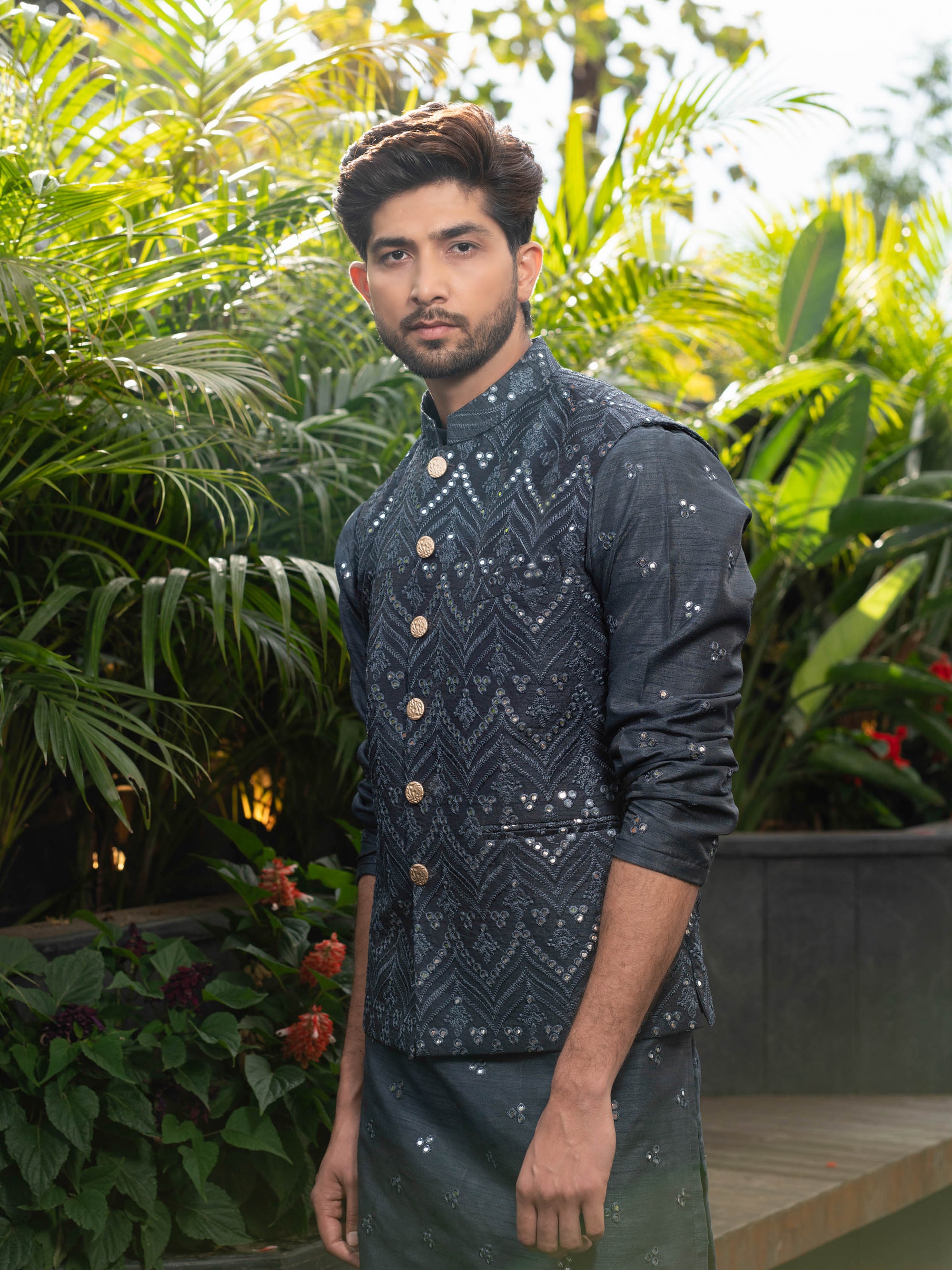 Grey Silk Bundi Jacket With mirror work