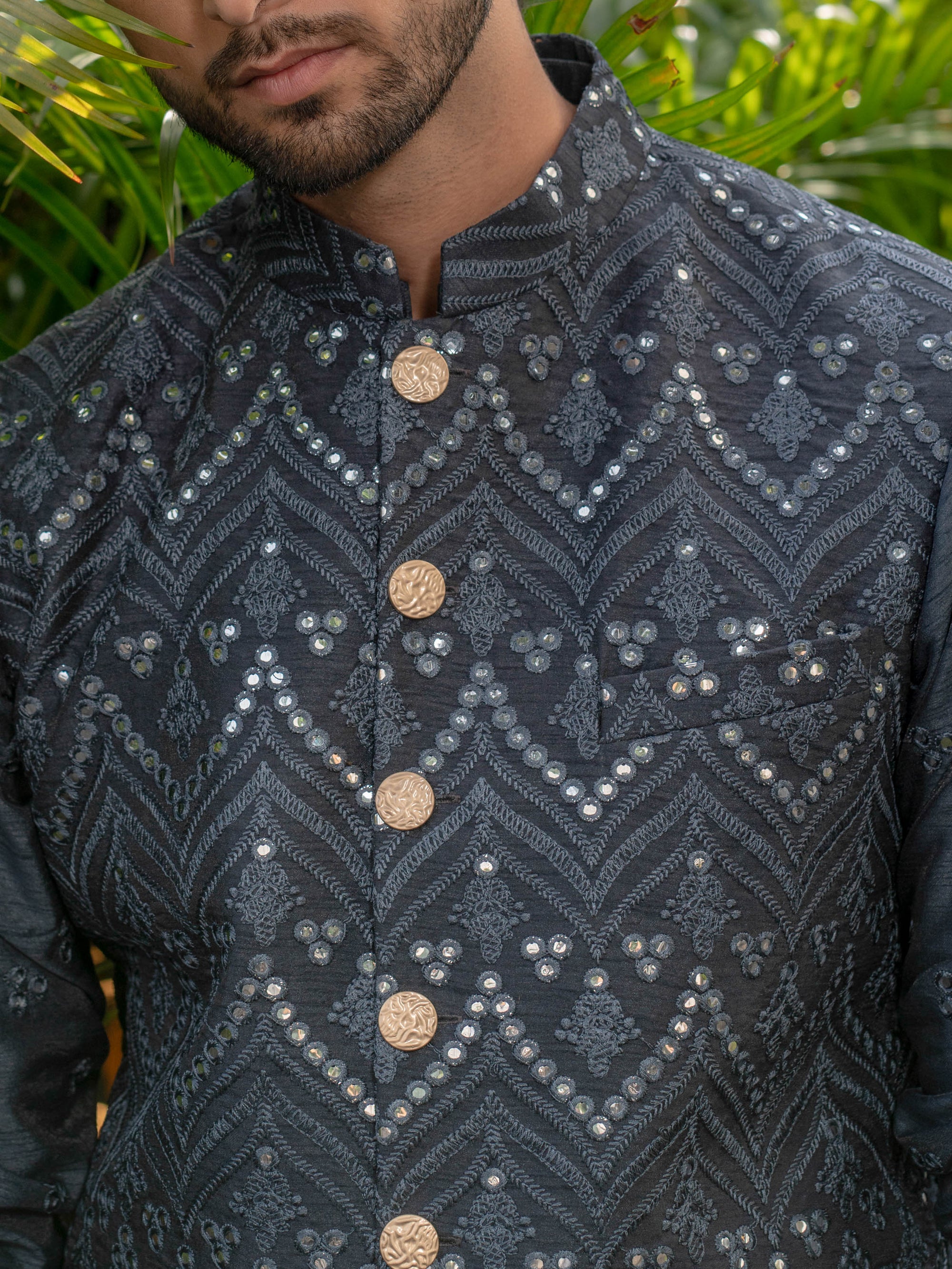 Grey Silk Bundi Jacket With mirror work