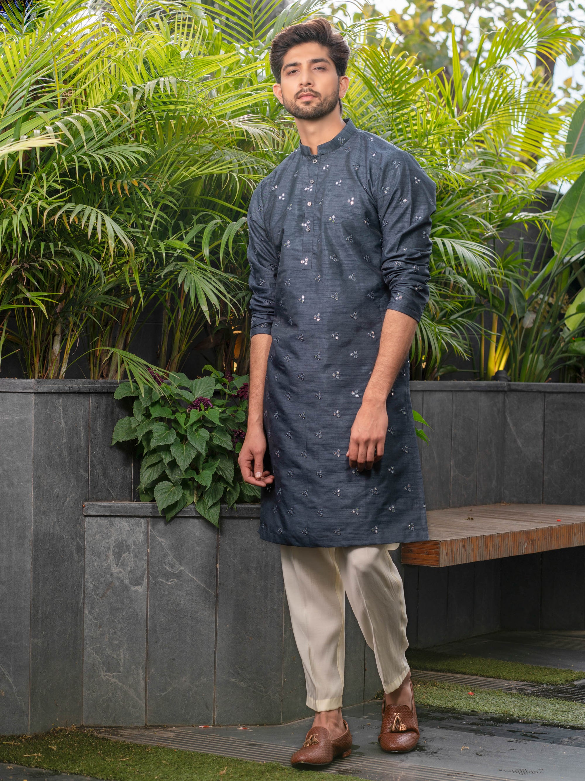 Grey Mirror Work Silk Kurta Set