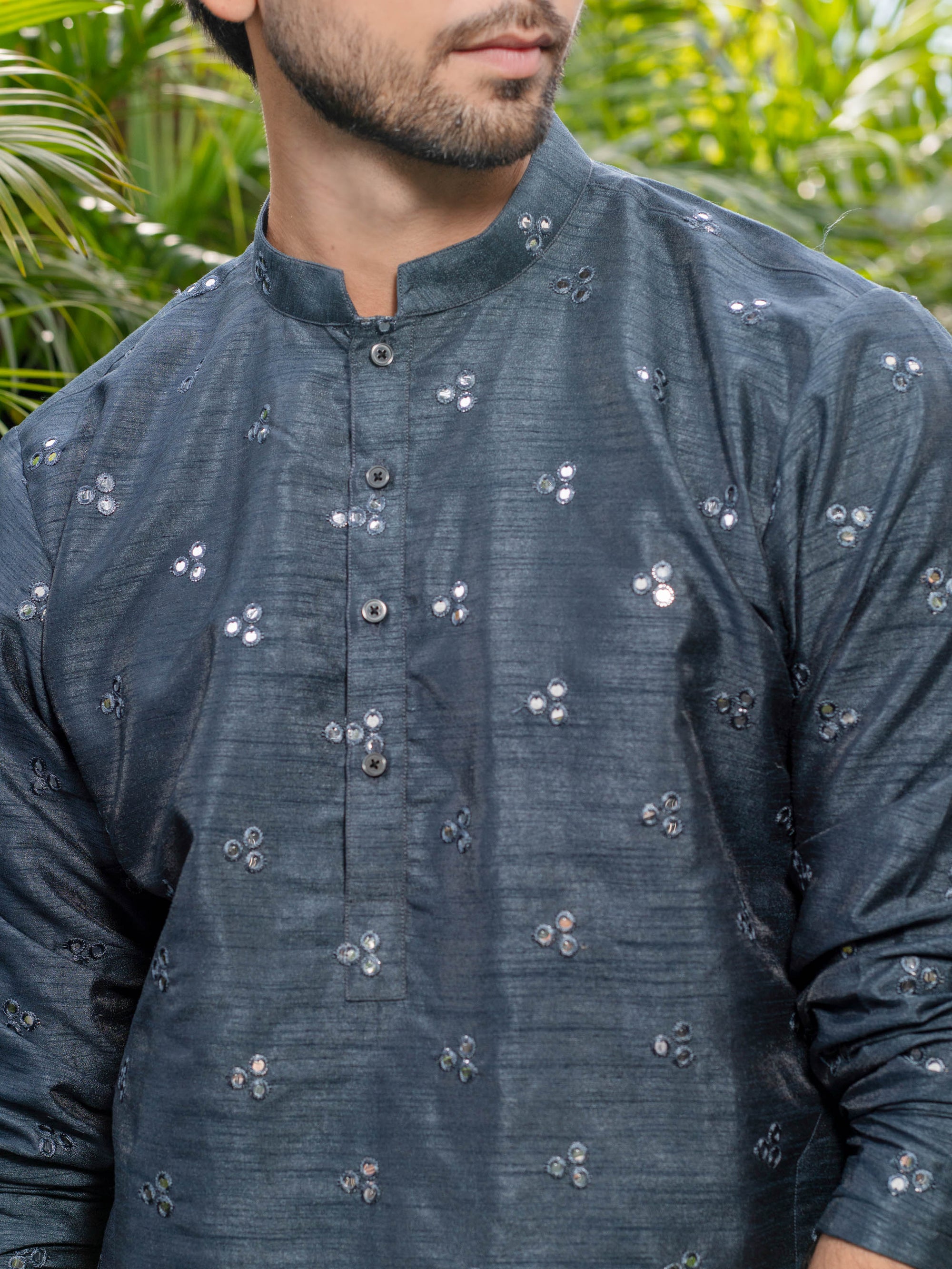 Grey Mirror Work Silk Kurta Set