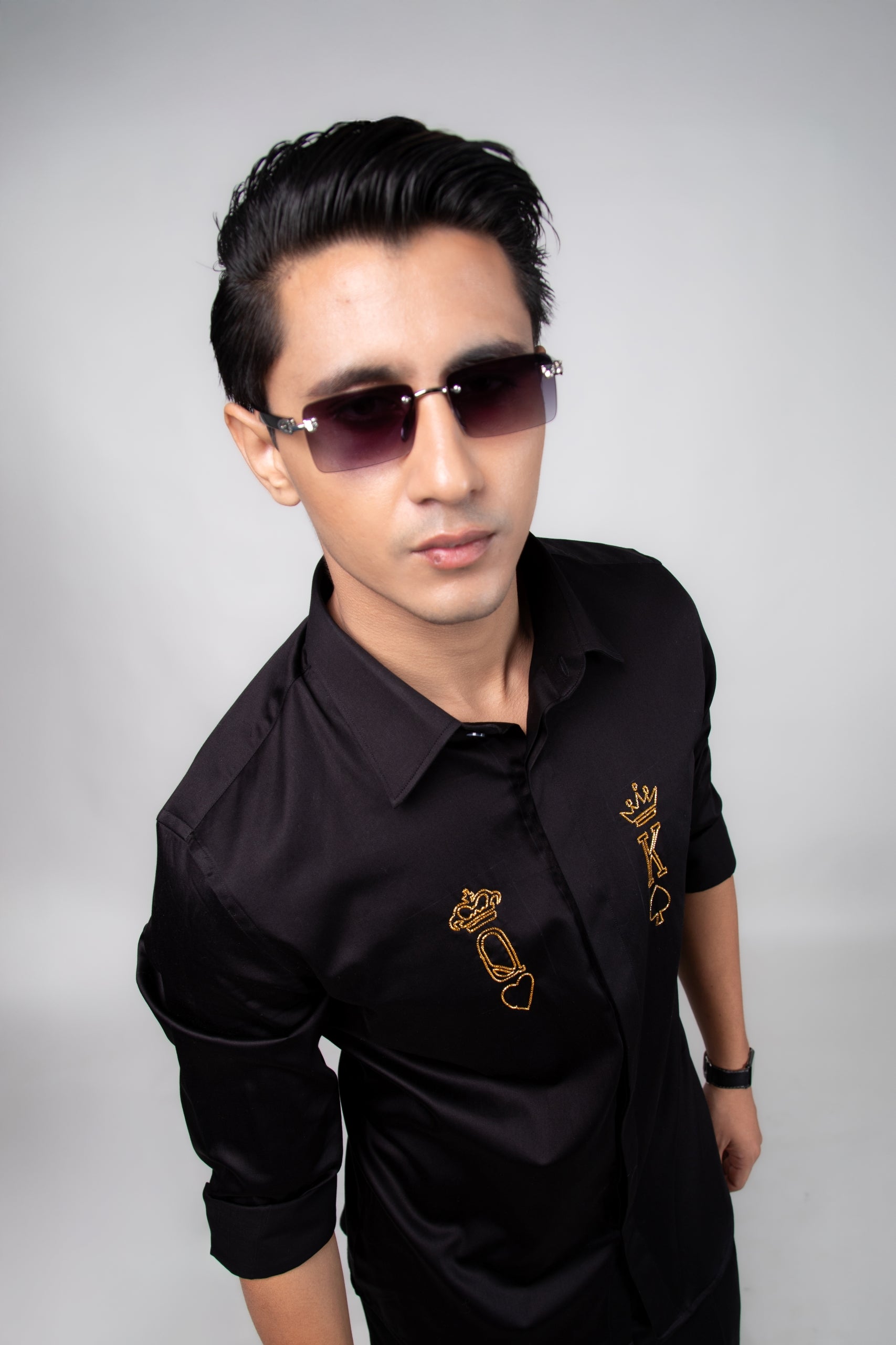 Royal Couple Shirt - Hand Embroidered Black